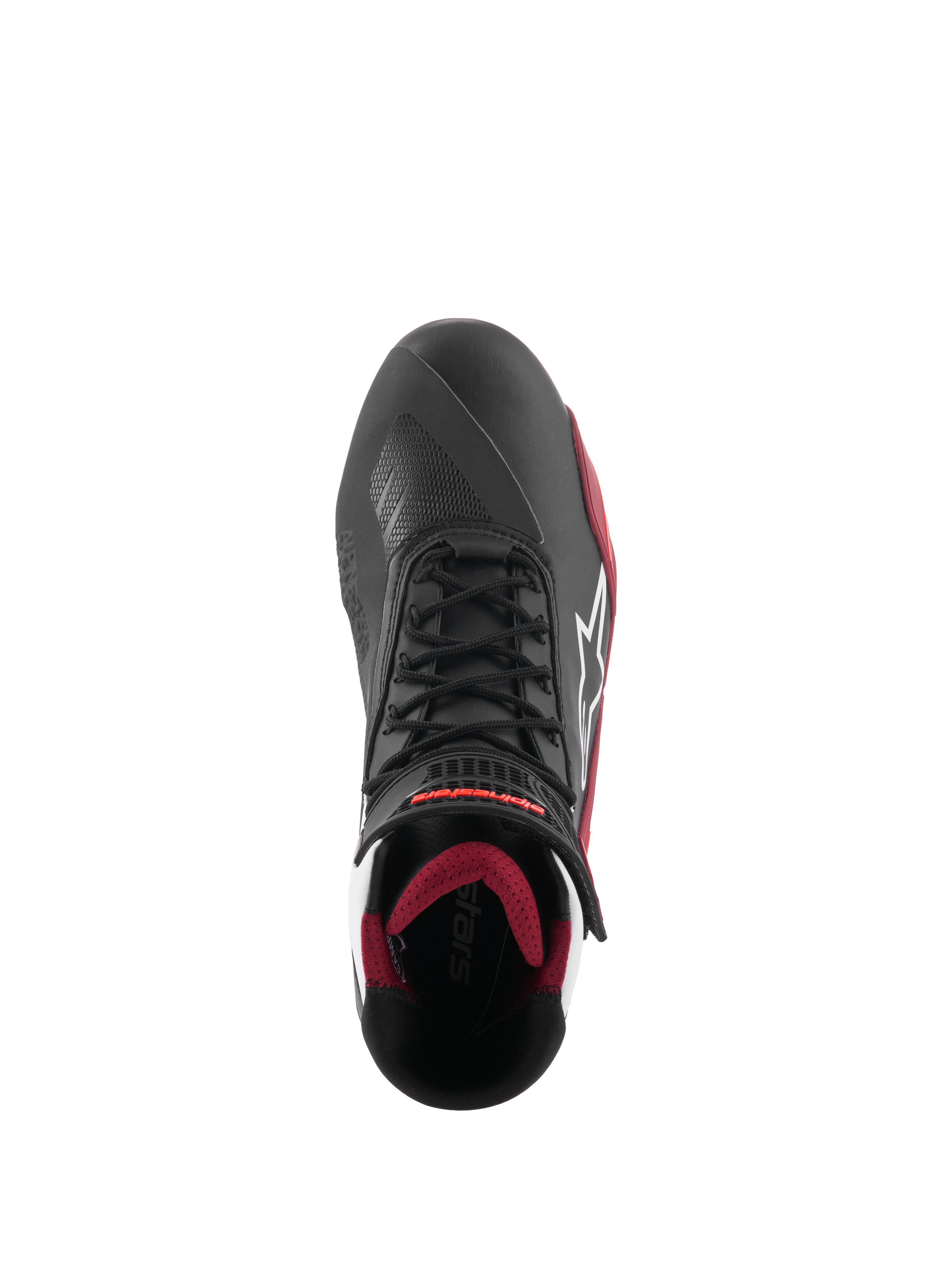 Alpinestars Faster-4 Schuhe, Motorradschuhe, Schwarz, Weiß und Dunkelrot, Draufsicht mit traditionellem Schnürsystem, weißem Alpinestars Stern-Logo und dunkelrotem, gepolstertem Innenfutter