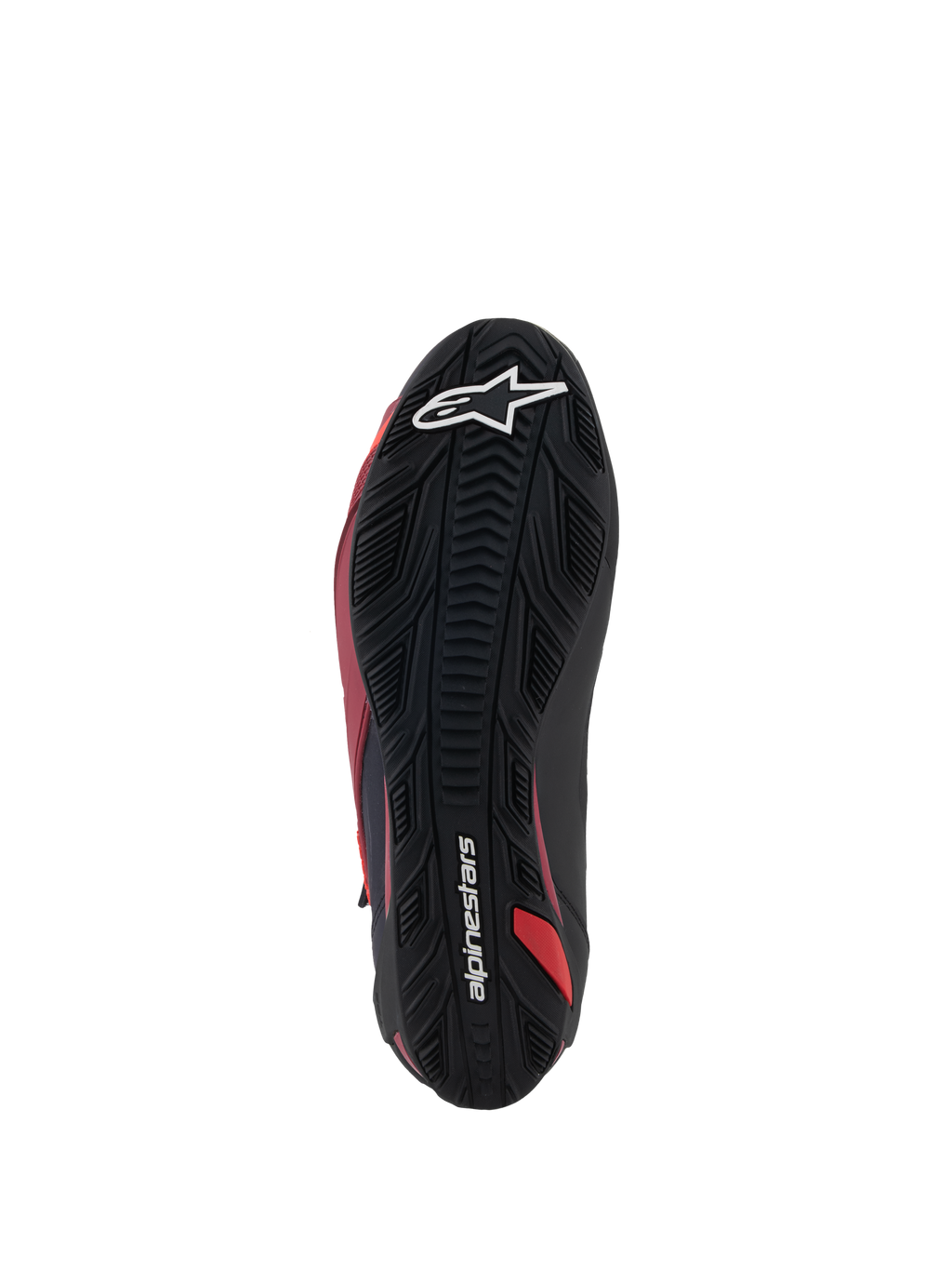 Alpinestars Faster-4 Schuhe, Motorradschuhe, Schwarz, Weiß und Dunkelrot, Unteransicht der texturierten Gummisohle mit weißem Stern-Logo und Alpinestars-Schriftzug, strapazierfähiges Profilmuster für Performance-Straßenfahrten