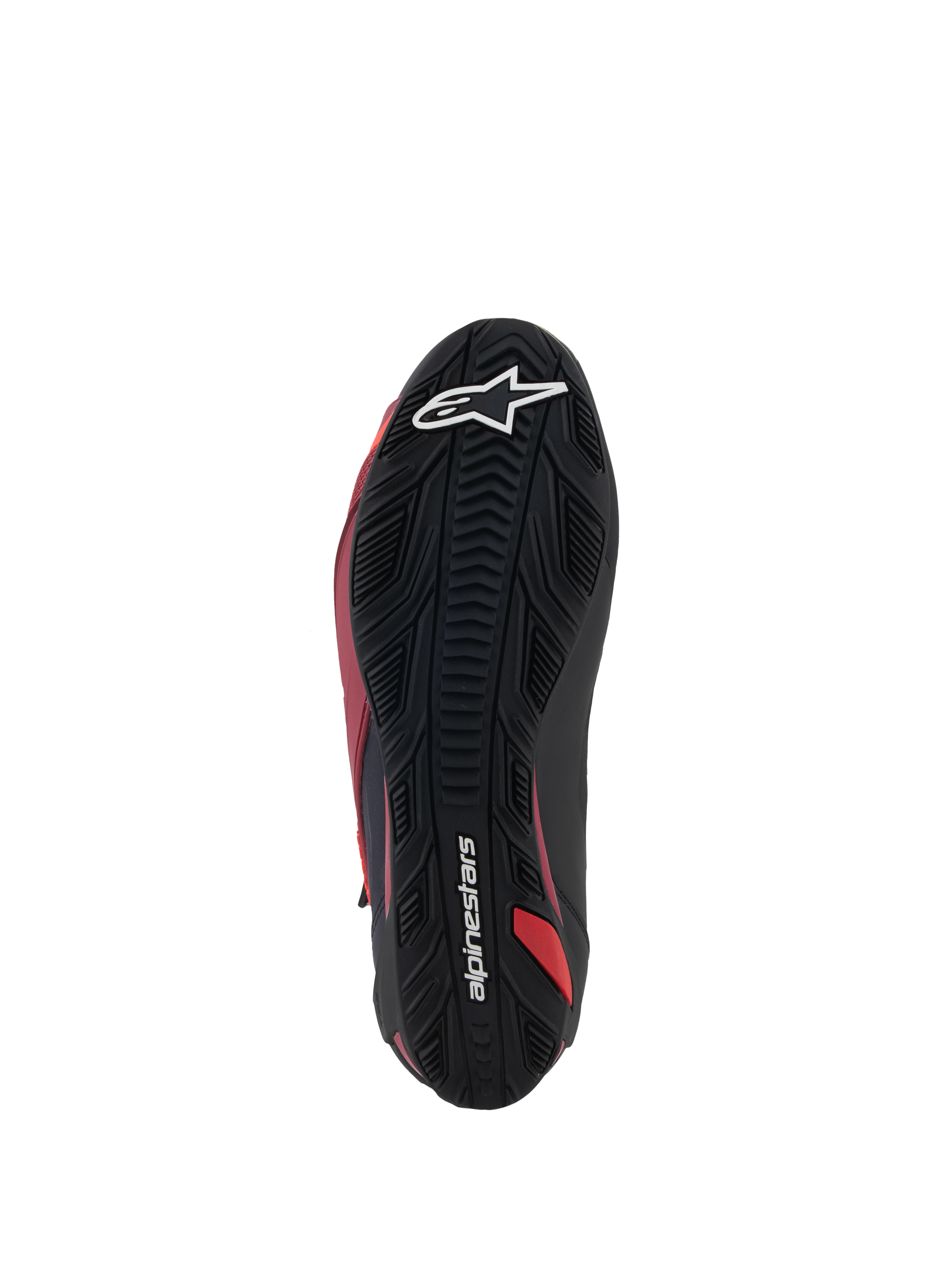 Alpinestars Faster-4 Schuhe, Motorradschuhe, Schwarz, Weiß und Dunkelrot, Unteransicht der texturierten Gummisohle mit weißem Stern-Logo und Alpinestars-Schriftzug, strapazierfähiges Profilmuster für Performance-Straßenfahrten