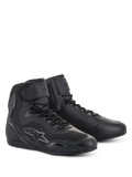 Alpinestars Women Stella Faster-3 Rideknit Shoes, high-top motorcycle riding shoes in Black Anthracite, features seamless knitted construction for breathability, lace-up closure with Velcro ankle strap, Alpinestars logo on the side, reinforced protective panels, and a sleek, sporty design