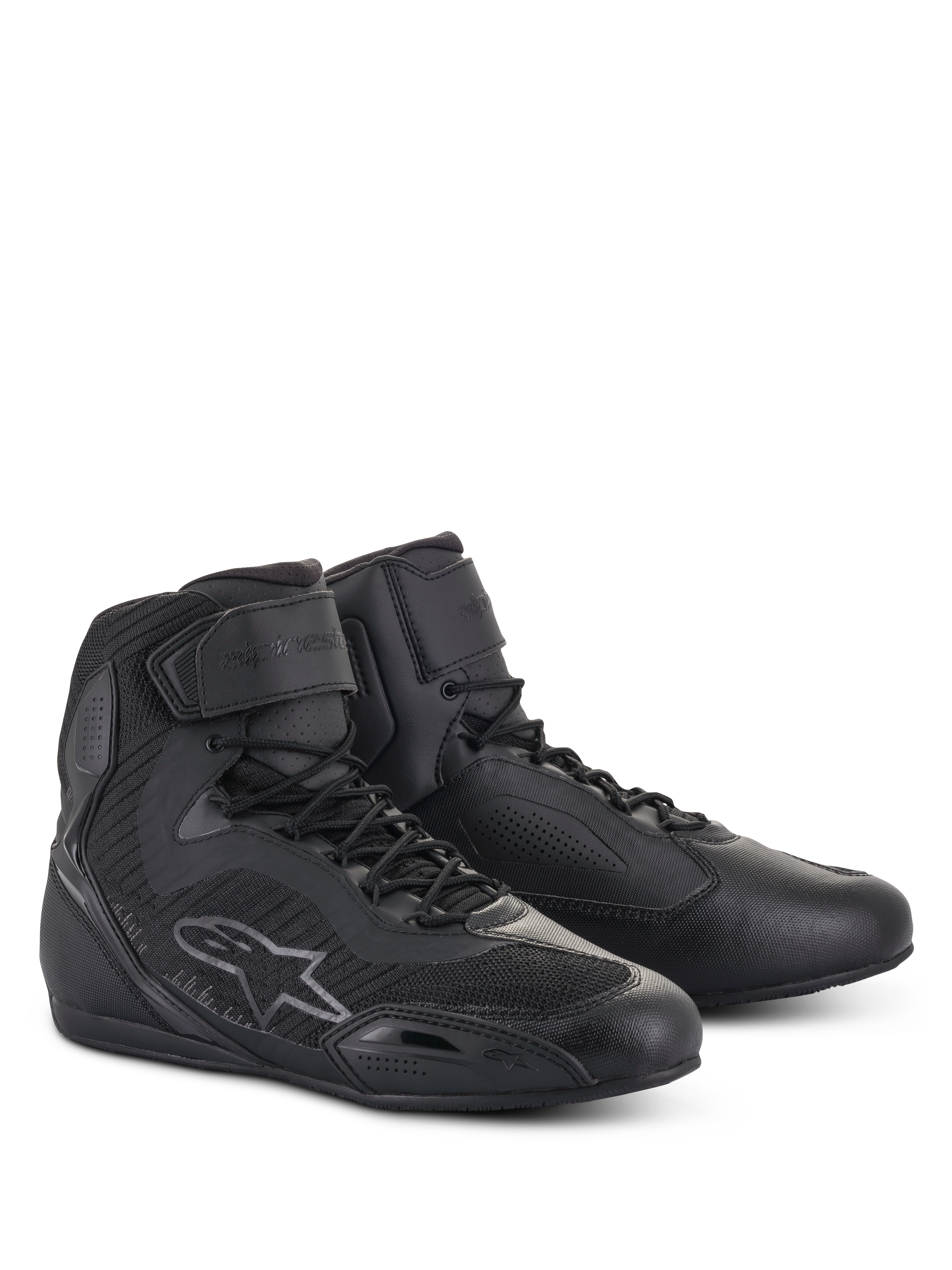 Alpinestars Women Stella Faster-3 Rideknit Shoes, high-top motorcycle riding shoes in Black Anthracite, features seamless knitted construction for breathability, lace-up closure with Velcro ankle strap, Alpinestars logo on the side, reinforced protective panels, and a sleek, sporty design