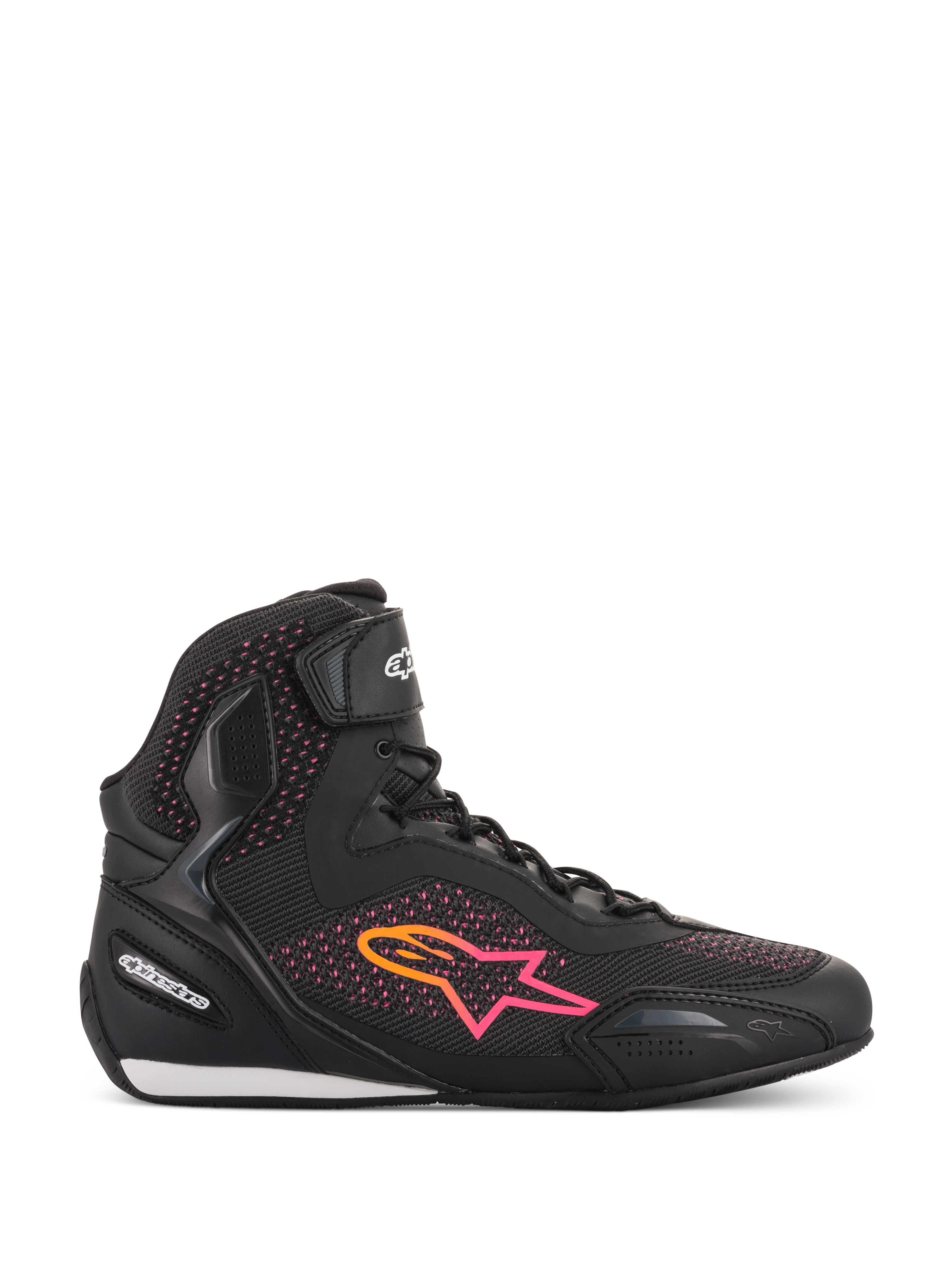 Alpinestars Women Stella Faster-3 Rideknit® Shoes, Motorcycle Riding Shoes, Black Yellow and Pink, side-view profile featuring a breathable knitted upper, vibrant gradient star logo, and hook-and-loop ankle strap.
