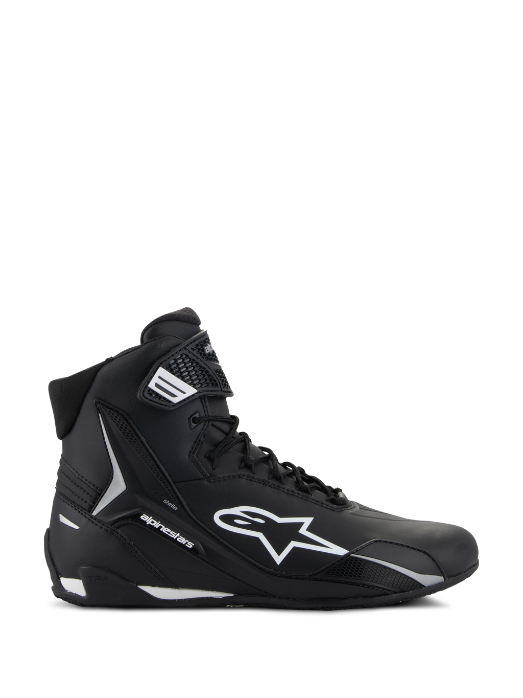 Alpinestars Stella Faster-4 Shoes, Women's Motorcycle Riding Shoes, Black and White, High-top design featuring Astars logo and ankle strap, Lateral side profile view