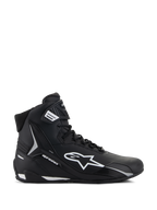Alpinestars Stella Faster-4 Shoes, Women's Motorcycle Riding Shoes, Black and White, High-top design featuring Astars logo and ankle strap, Lateral side profile view