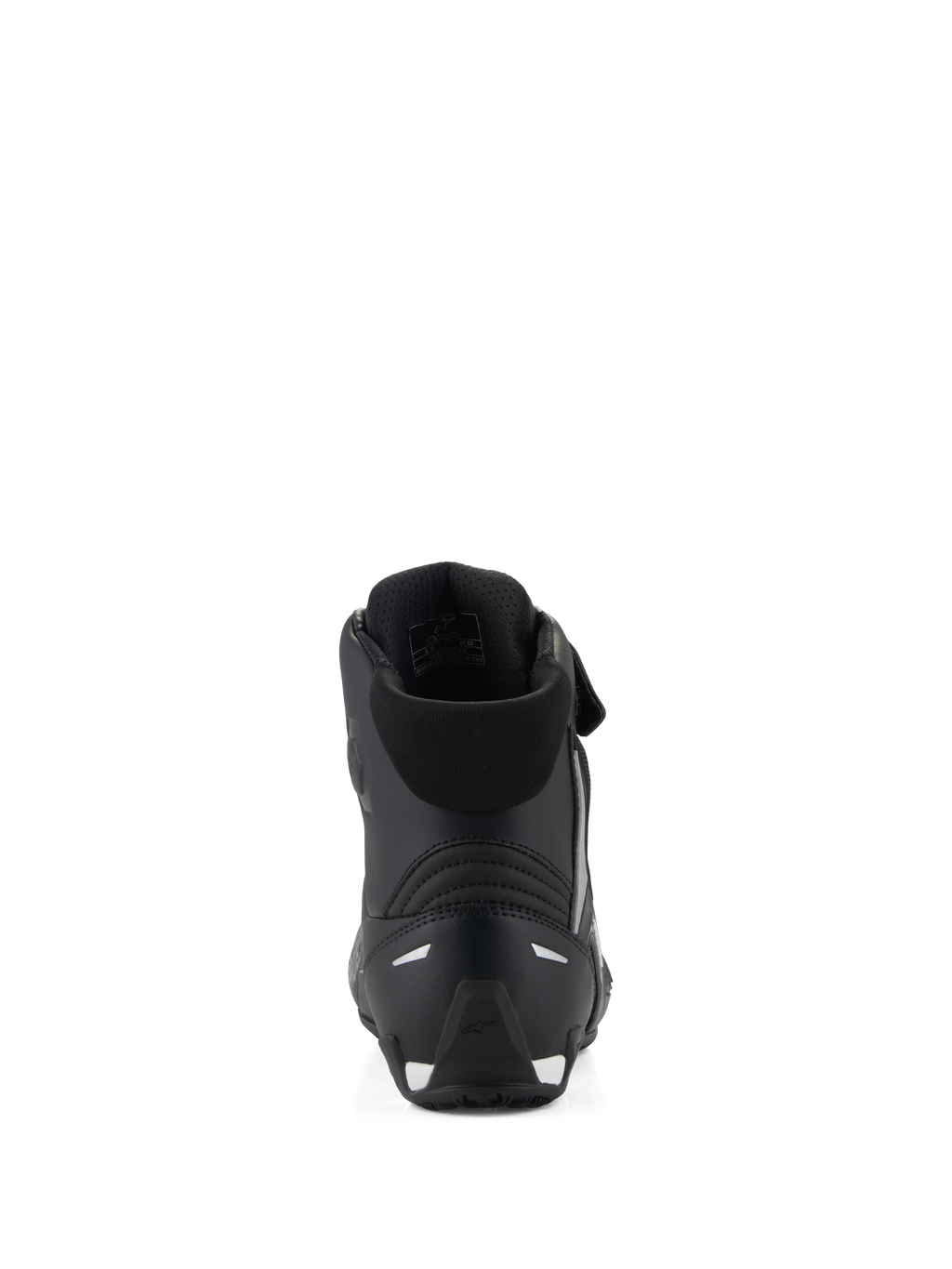 Alpinestars Stella Faster-4 Shoes, Women's Motorcycle Riding Shoes, Black, rear view showing the padded collar, reinforced TPR heel counter, and reflective accents, sleek performance design for road riding
