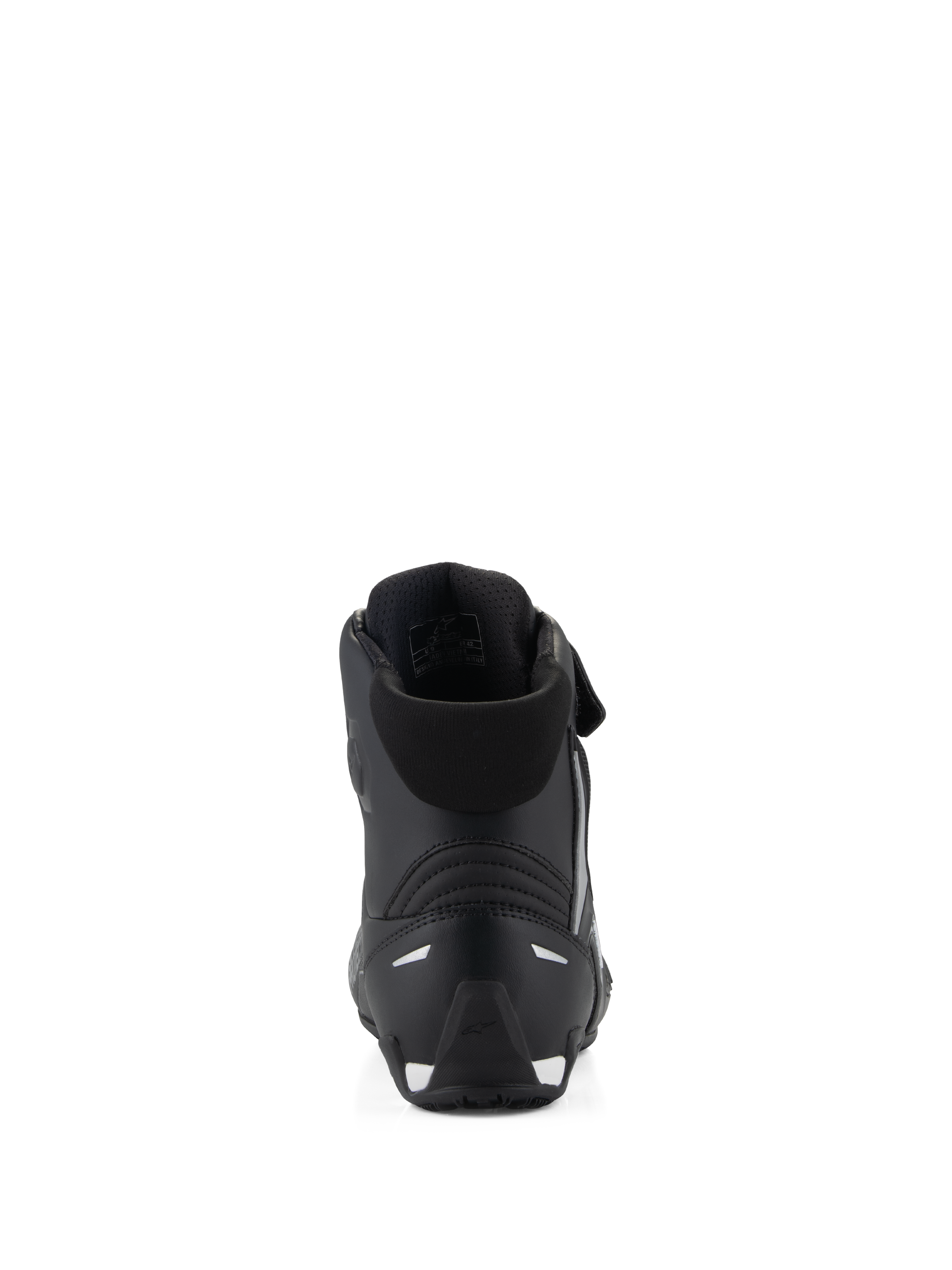 Alpinestars Stella Faster-4 Shoes, Women's Motorcycle Riding Shoes, Black, rear view showing the padded collar, reinforced TPR heel counter, and reflective accents, sleek performance design for road riding