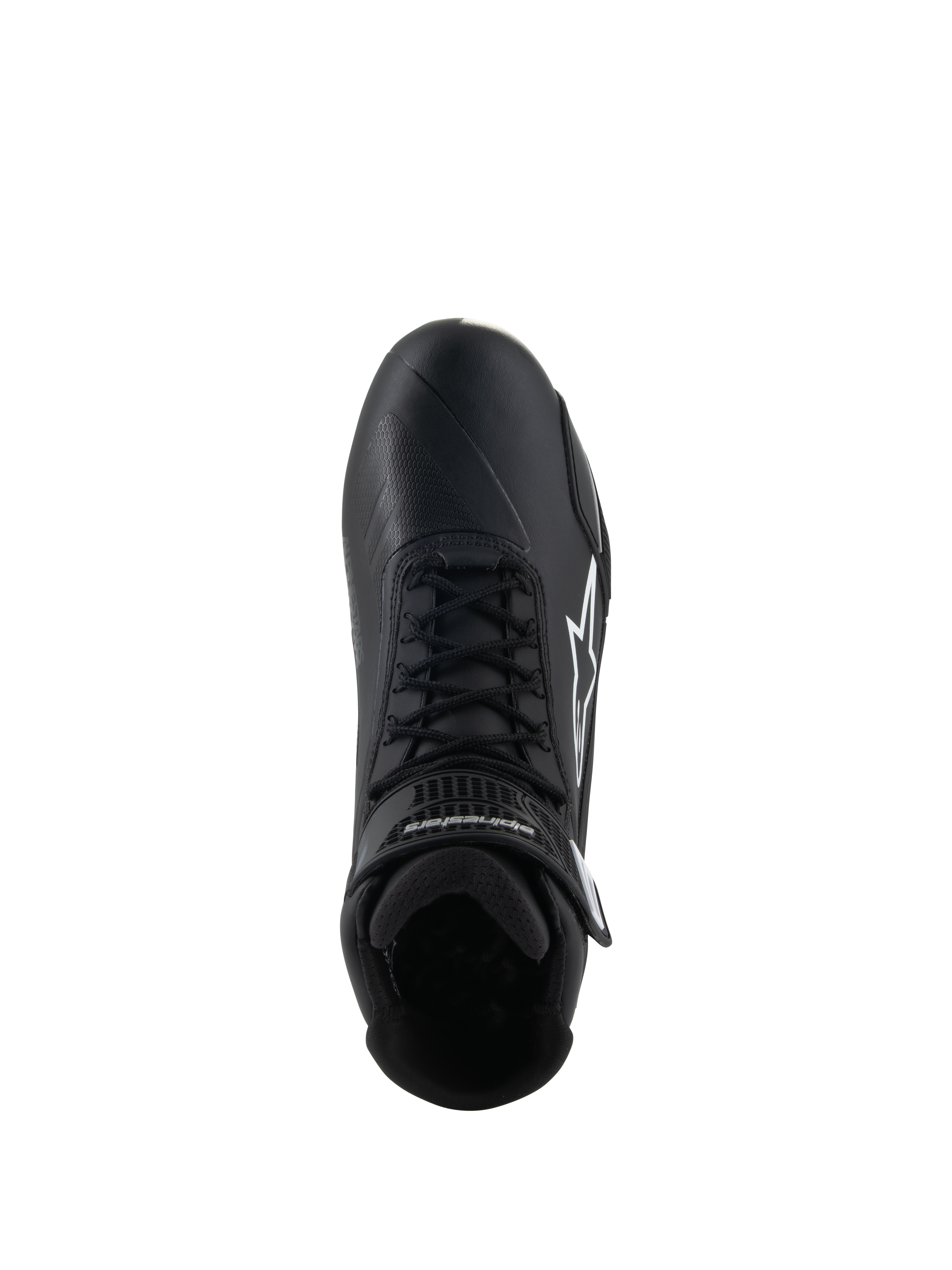 Alpinestars Stella Faster-4 Shoes, Women's Riding Shoes, Black, top-down view, featuring black laces, white Alpinestars star logo, and adjustable ankle strap, sleek microfiber design for road and sport riding
