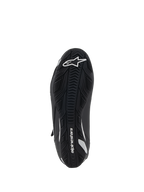 Alpinestars Stella Faster-4 Women's Riding Shoes, Bottom View, Black Rubber Sole with Textured Grip, White Alpinestars Logo and Branding, Ergonomic Design for Traction and Support