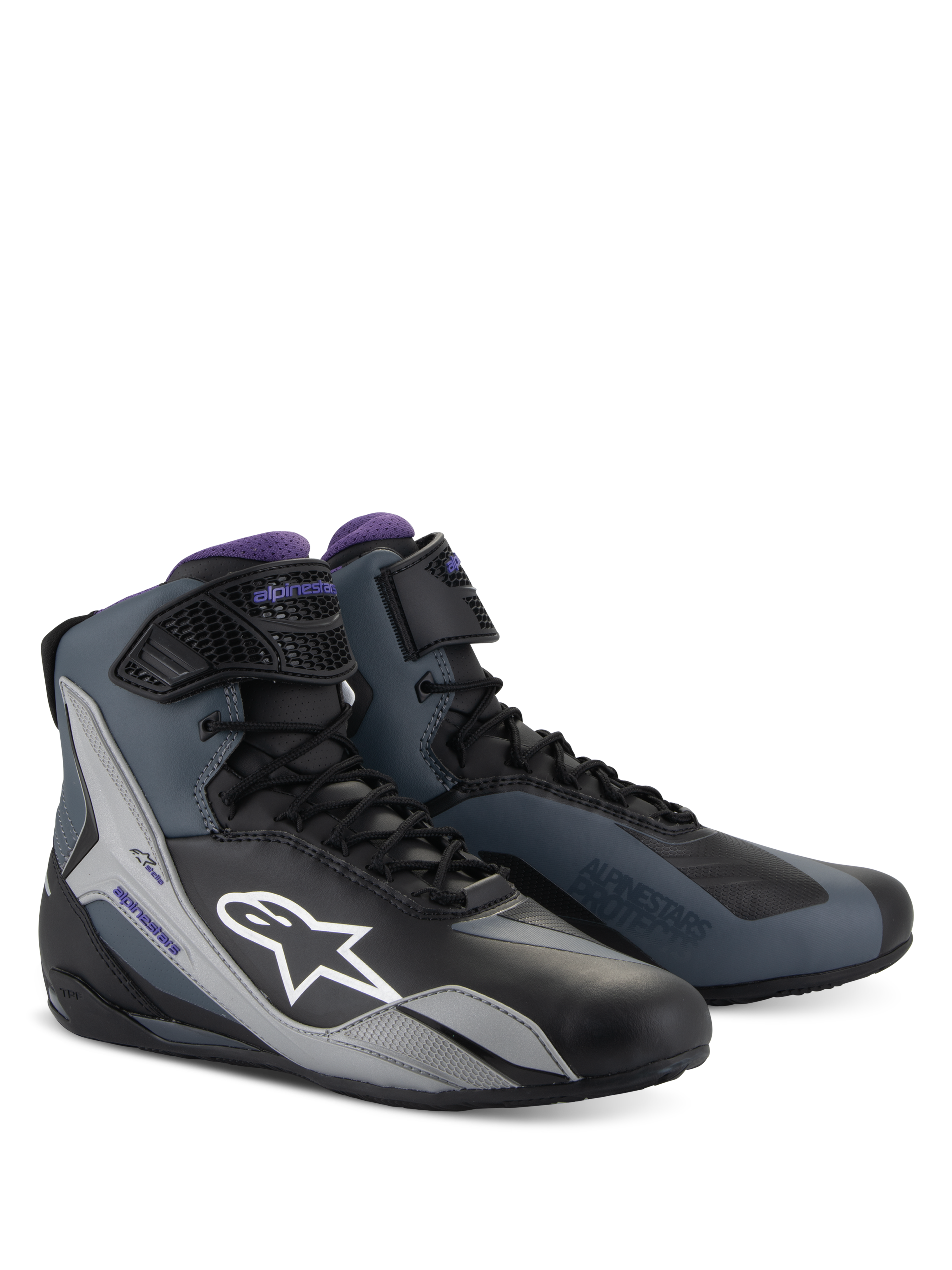 Alpinestars Stella Faster-4 Women's Motorcycle Riding Shoes, Black Gray Violet, technical high-top design with laces.