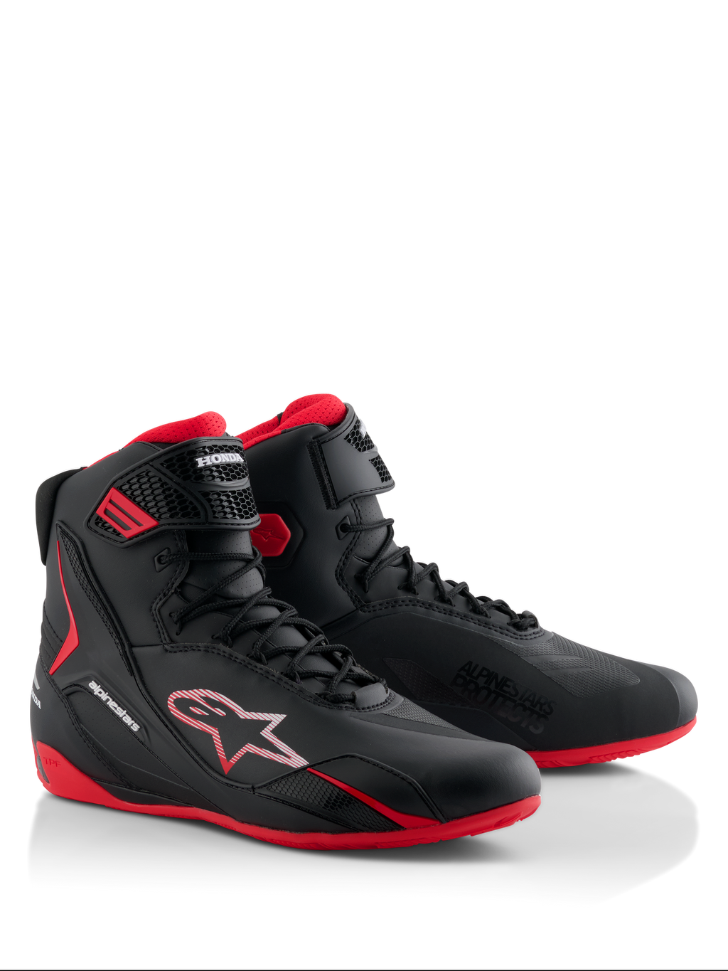 Alpinestars Honda Faster-4 Schuhe, Motorradschuhe, Schwarz und Rot, schlankes High-Top-Design mit Schnürverschluss und Knöchelriemen, mit roten Sohlen sowie Alpinestars und Honda Branding.