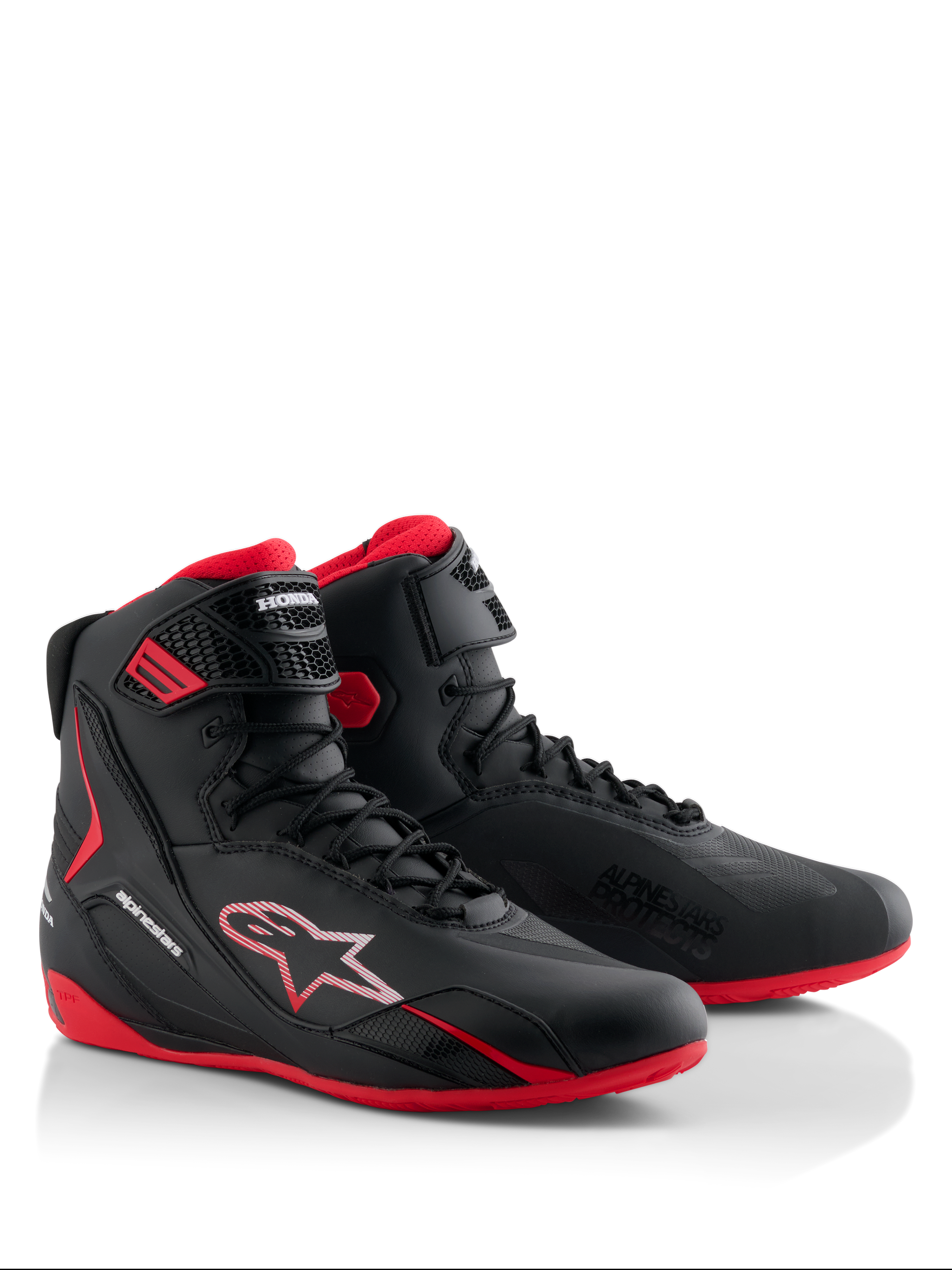 Alpinestars Honda Faster-4 Schuhe, Motorradschuhe, Schwarz und Rot, schlankes High-Top-Design mit Schnürverschluss und Knöchelriemen, mit roten Sohlen sowie Alpinestars und Honda Branding.
