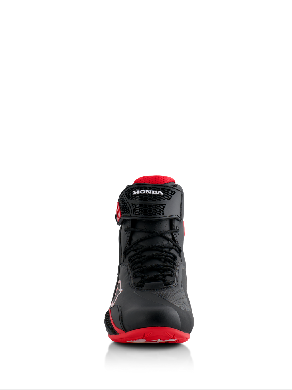 Alpinestars Honda Faster-4 Schuhe, Schwarz und Rot, Vorderansicht, mit nahtloser Mikrofaser-Konstruktion, Schnürverschluss und verstellbarem Knöchelriemen mit Honda-Branding