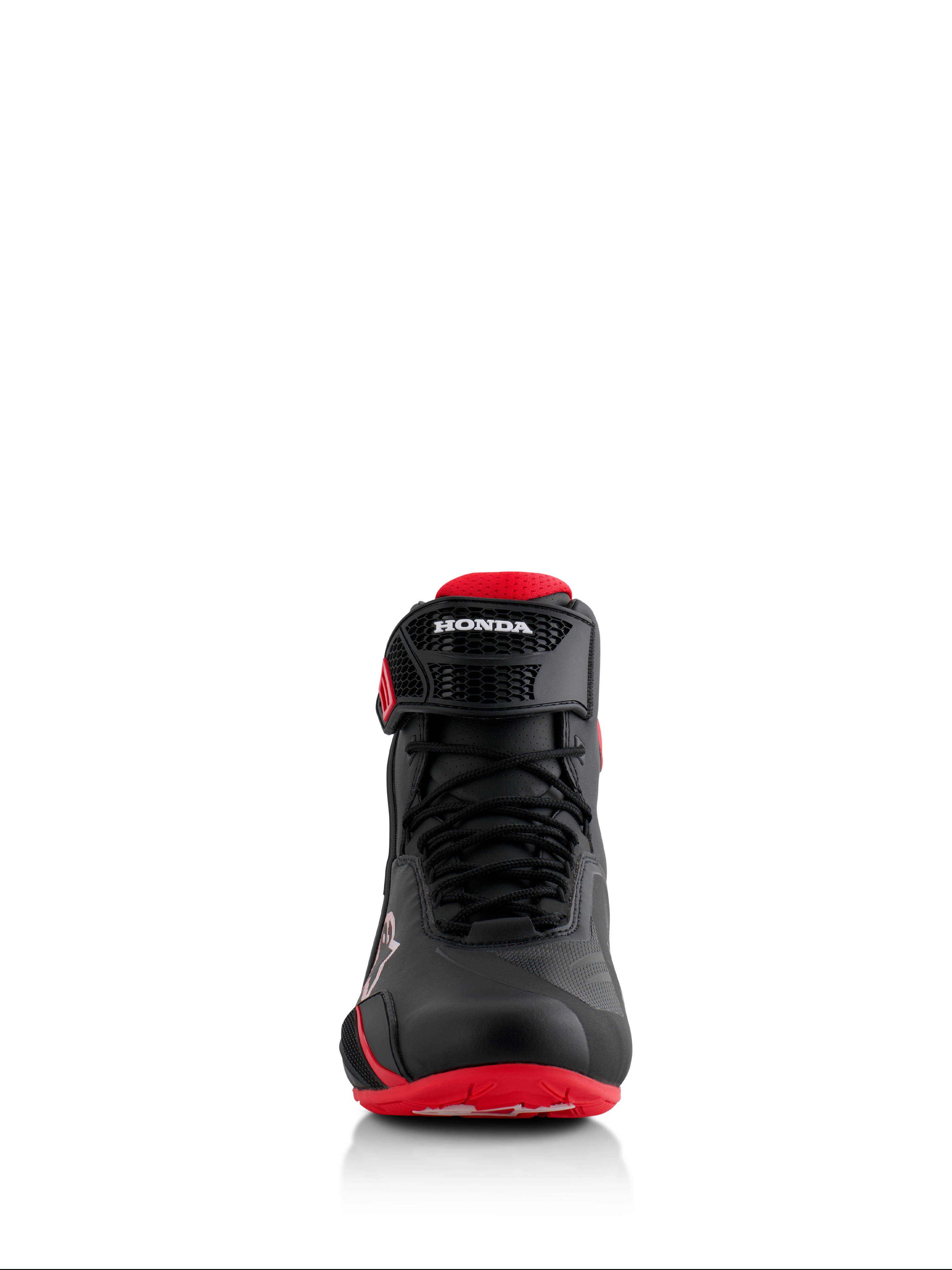 Alpinestars Honda Faster-4 Schuhe, Schwarz und Rot, Vorderansicht, mit nahtloser Mikrofaser-Konstruktion, Schnürverschluss und verstellbarem Knöchelriemen mit Honda-Branding
