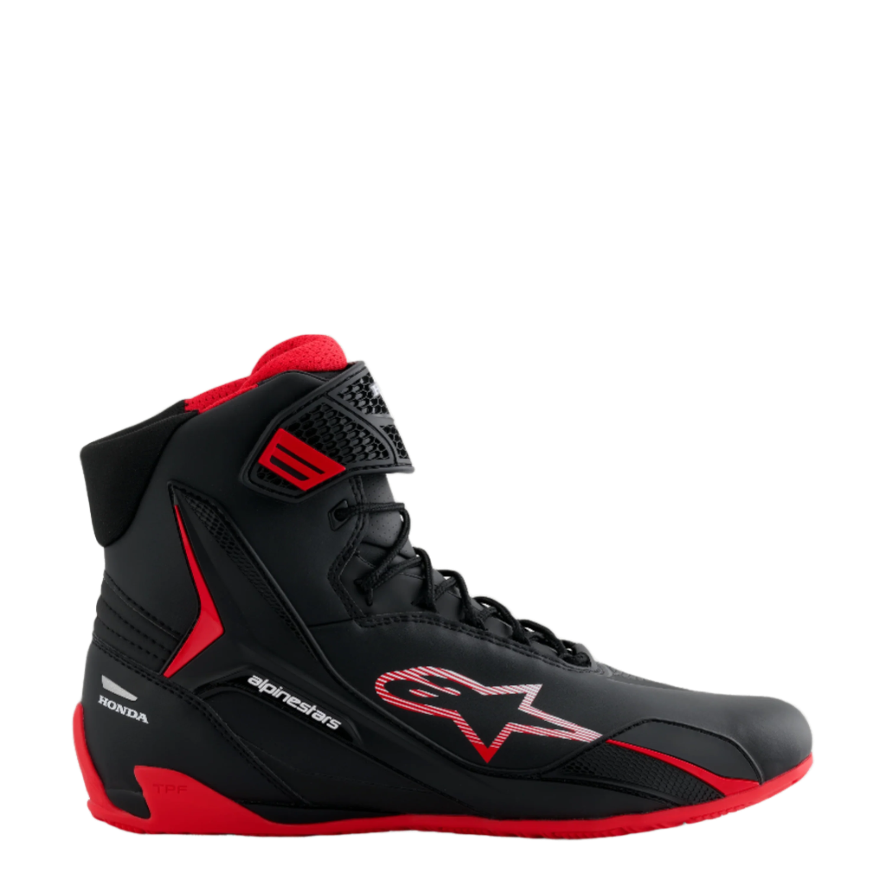 Alpinestars Honda Faster-4 Schuhe, schwarz-roter High-Top-Fahrschuh, schlankes Mikrofaser-Design mit gestreiftem Stern-Logo, rote Sohle und gepolsterte Innenseite, Honda-Branding an der Ferse, Performance-Motorsport-Schuhwerk
