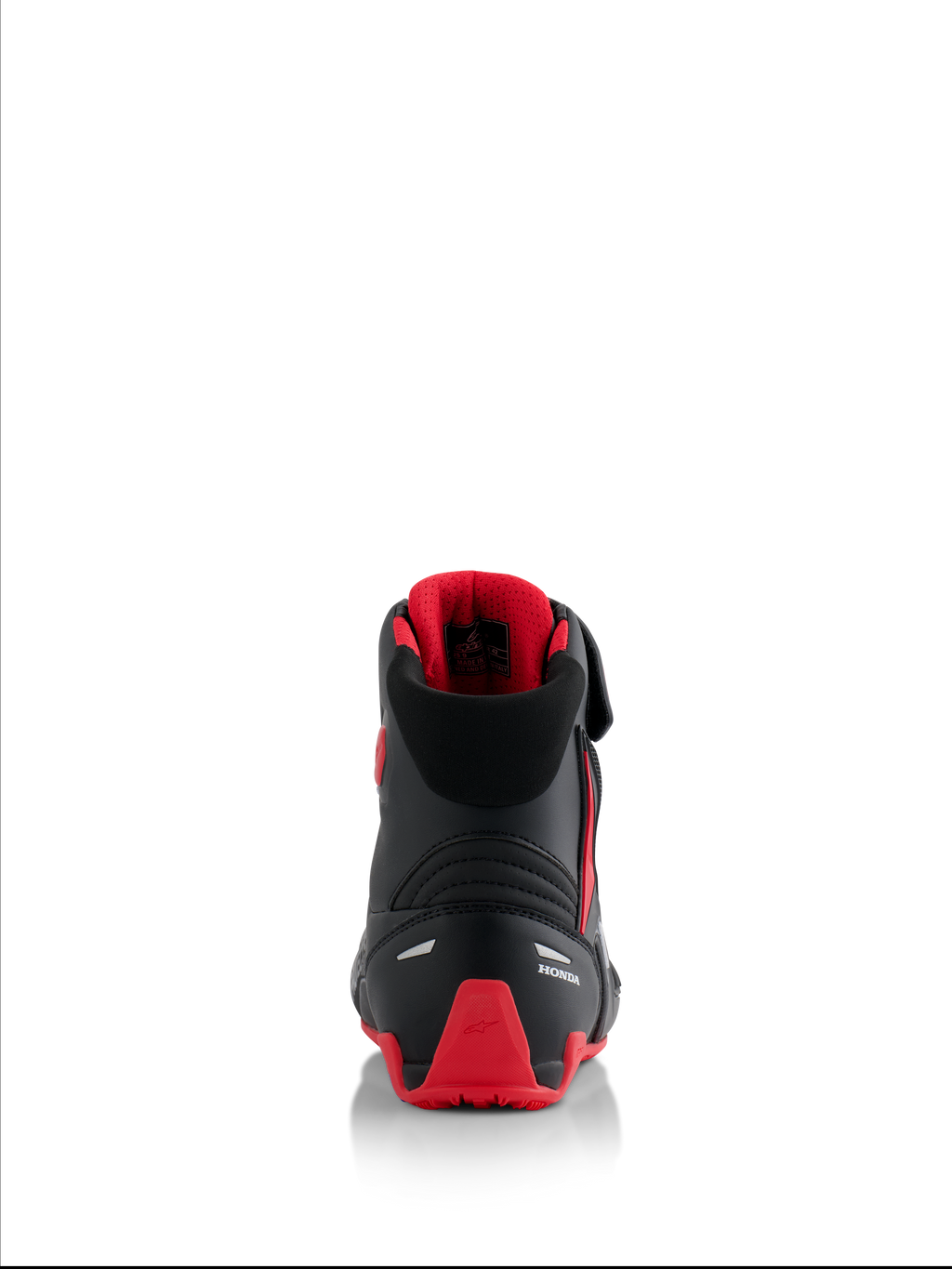 Alpinestars Honda Faster-4 Schuhe, Motorradschuhe, Schwarz und Rot, Rückansicht mit weißem Honda-Branding und roter TPU-Fersenkappe, gepolsterter Kragen mit rotem Mesh-Futter, reflektierende Akzente für die Sicherheit