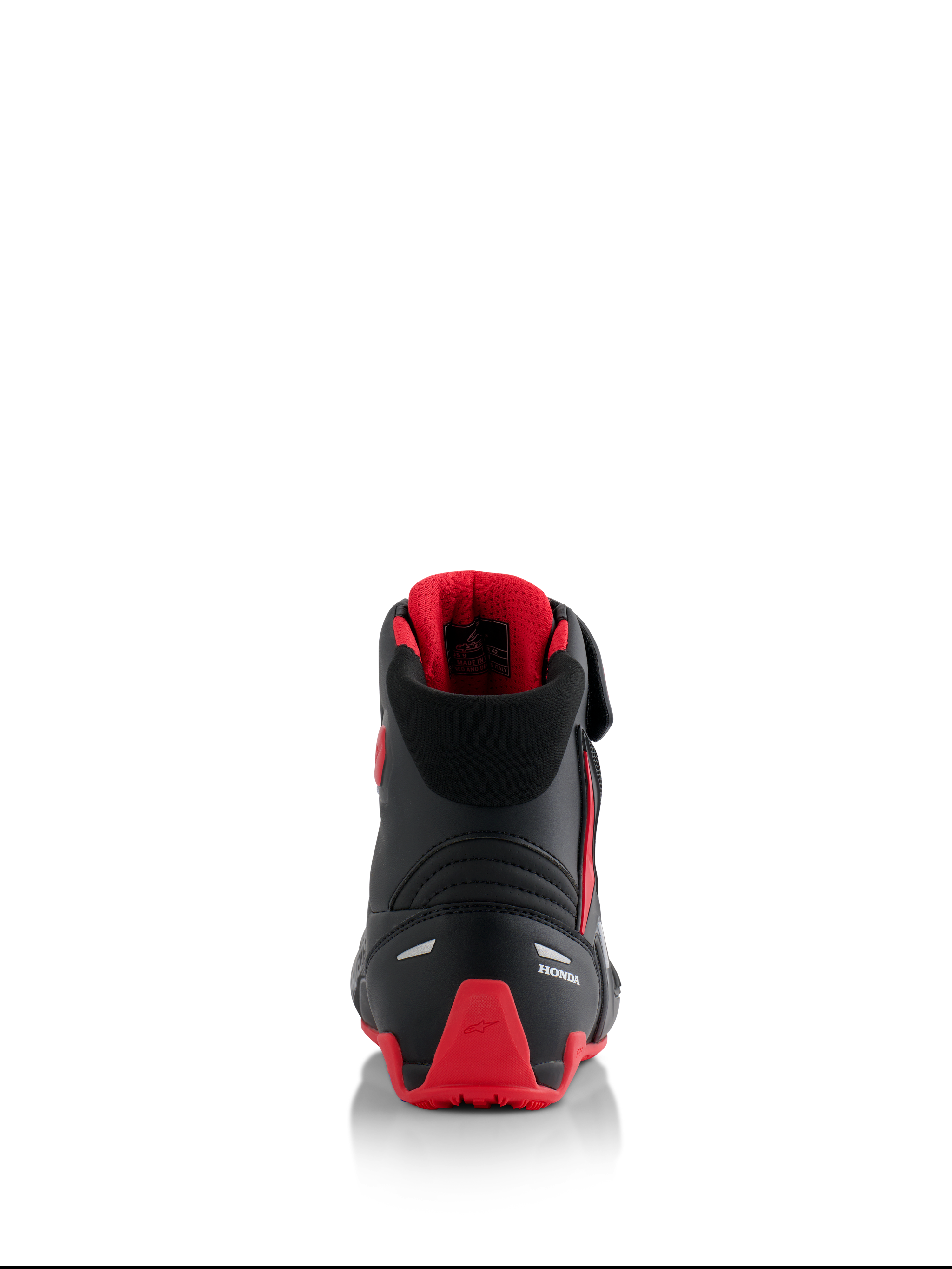 Alpinestars Honda Faster-4 Schuhe, Motorradschuhe, Schwarz und Rot, Rückansicht mit weißem Honda-Branding und roter TPU-Fersenkappe, gepolsterter Kragen mit rotem Mesh-Futter, reflektierende Akzente für die Sicherheit
