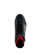 Alpinestars Honda Faster-4 Schuhe, Motorradschuhe, Schwarz und Rot, Draufsicht mit schwarzem Mikrofaser-Obermaterial, rotem Mesh-Innenfutter, traditionellen schwarzen Schnürsenkeln sowie Alpinestars- und Honda-Branding