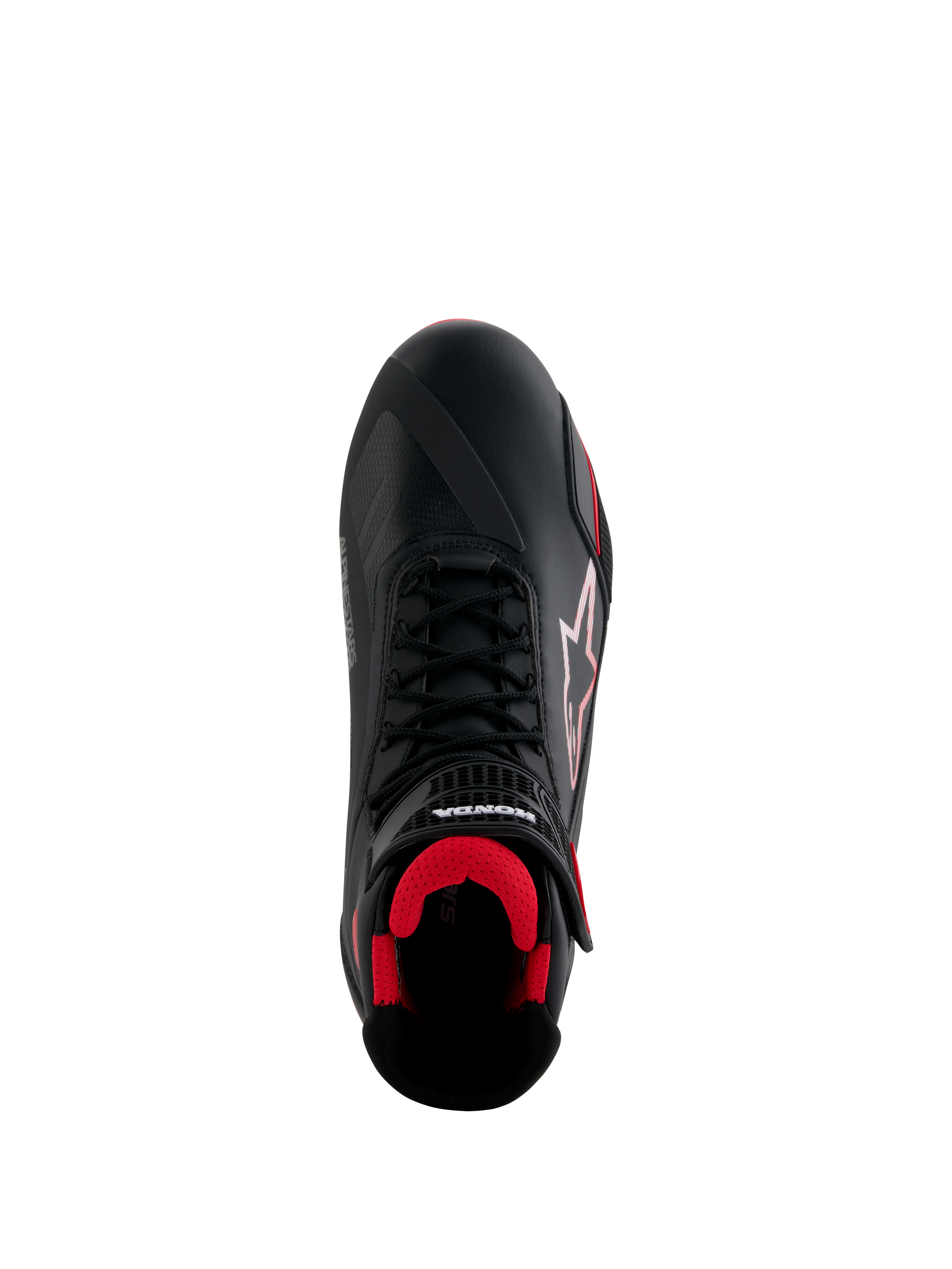 Alpinestars Honda Faster-4 Schuhe, Motorradschuhe, Schwarz und Rot, Draufsicht mit schwarzem Mikrofaser-Obermaterial, rotem Mesh-Innenfutter, traditionellen schwarzen Schnürsenkeln sowie Alpinestars- und Honda-Branding