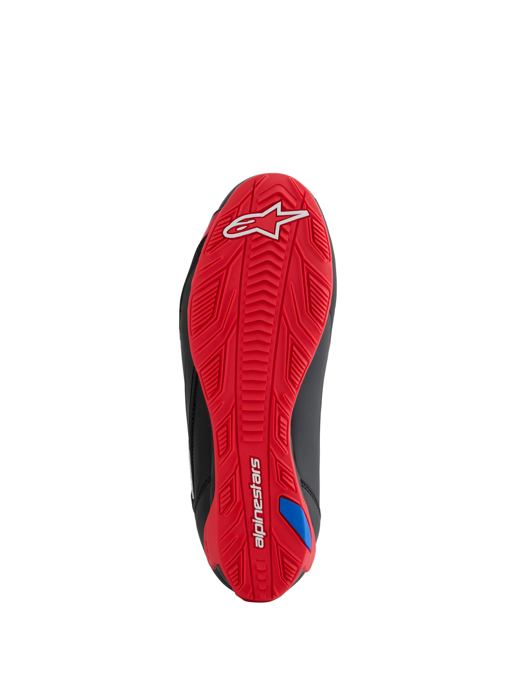 Alpinestars Honda Faster-4 Schuhe, Sohlenansicht, strukturierte Gummiaußensohle in leuchtendem Rot, weißes Alpinestars-Logo an der Ferse und Wortmarke am Fußgewölbe, integriertes Gripprofil zum Motorradfahren, schwarze Seitenakzente