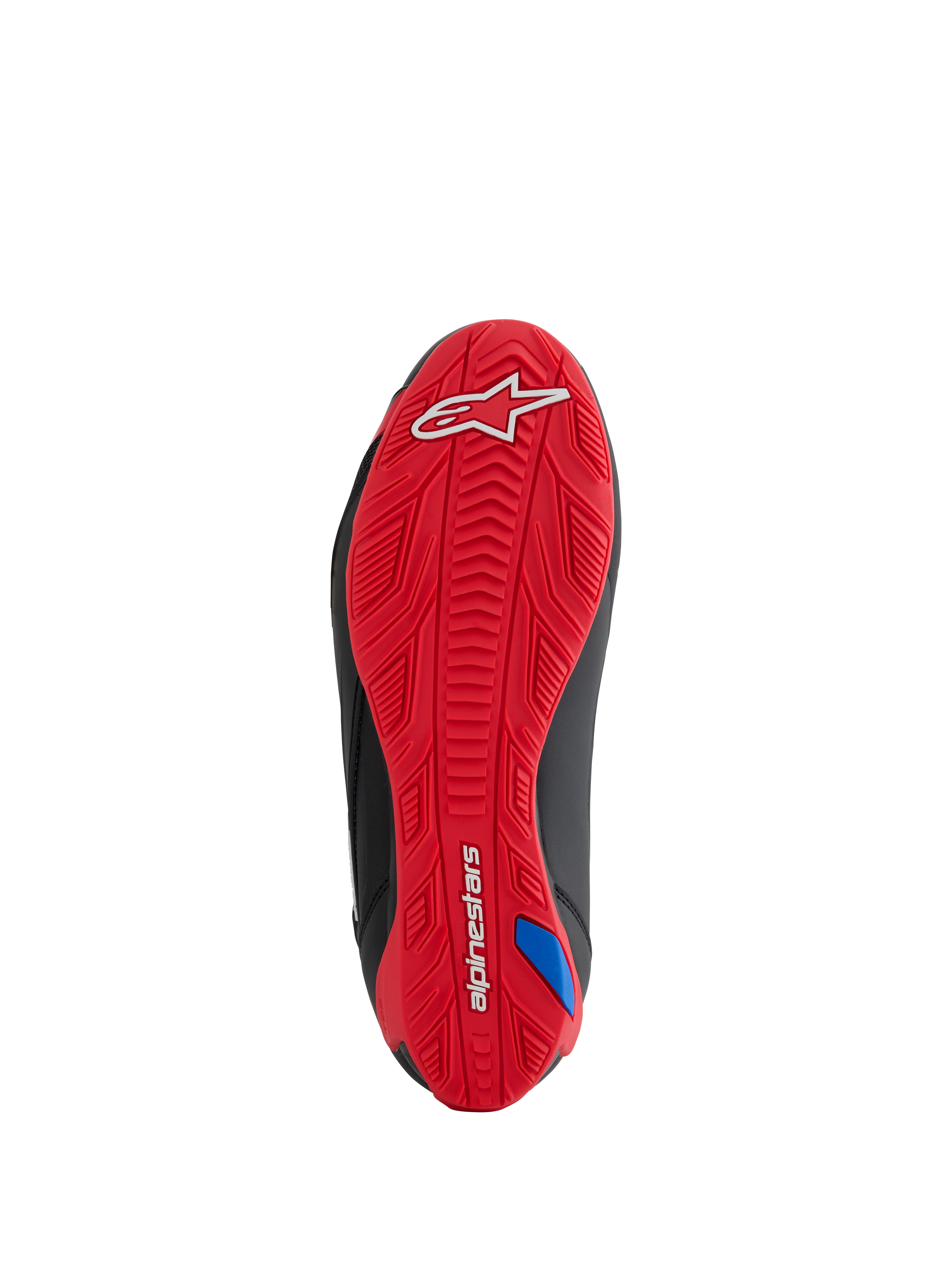 Alpinestars Honda Faster-4 Schuhe, Sohlenansicht, strukturierte Gummiaußensohle in leuchtendem Rot, weißes Alpinestars-Logo an der Ferse und Wortmarke am Fußgewölbe, integriertes Gripprofil zum Motorradfahren, schwarze Seitenakzente