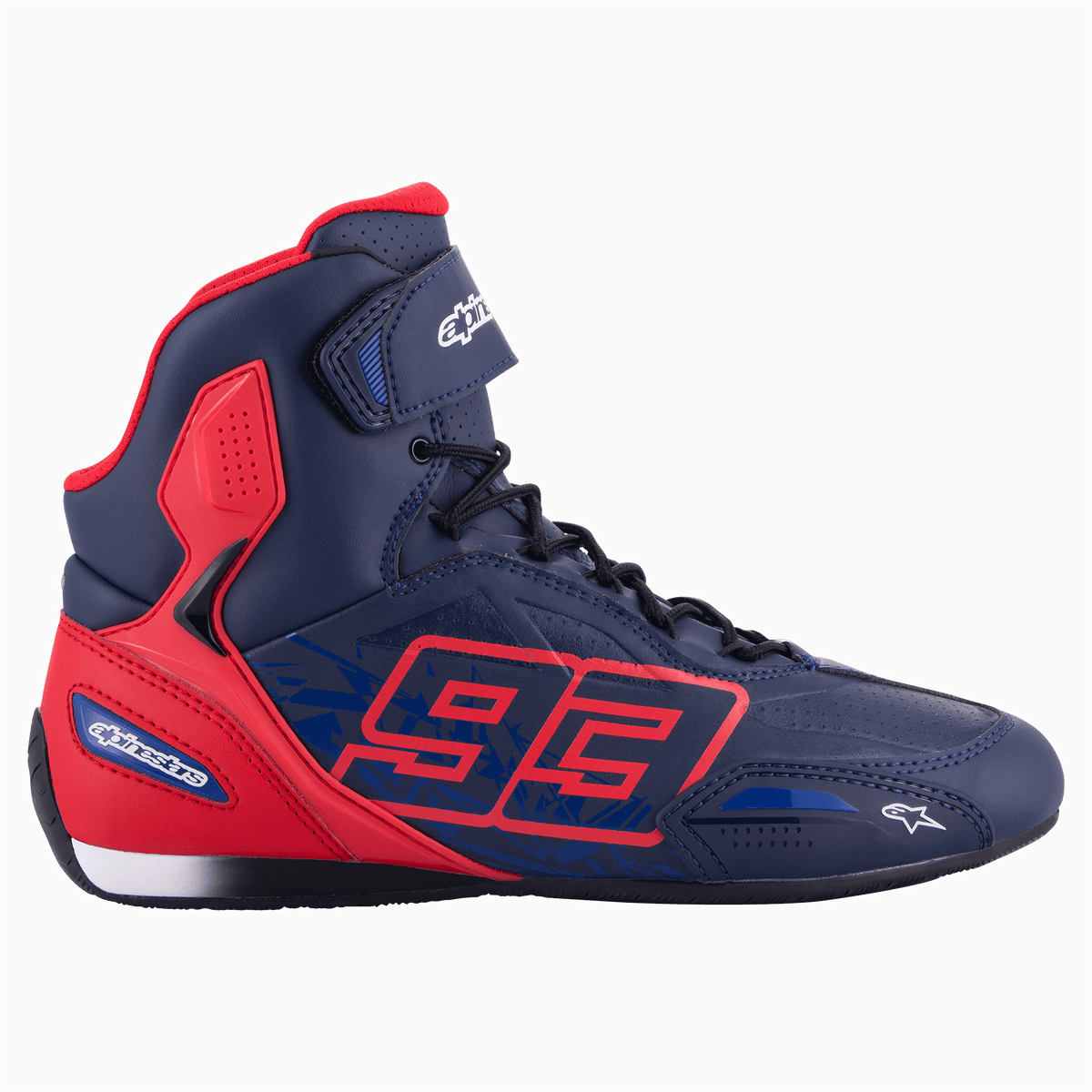 Alpinestars Austin Riding Shoe, high-top motorcycle sneaker, Night Navy and Bright Red, featuring MM93 number 93 graphic, lace-up closure with Velcro strap, sporty racing-inspired design with microfiber construction
