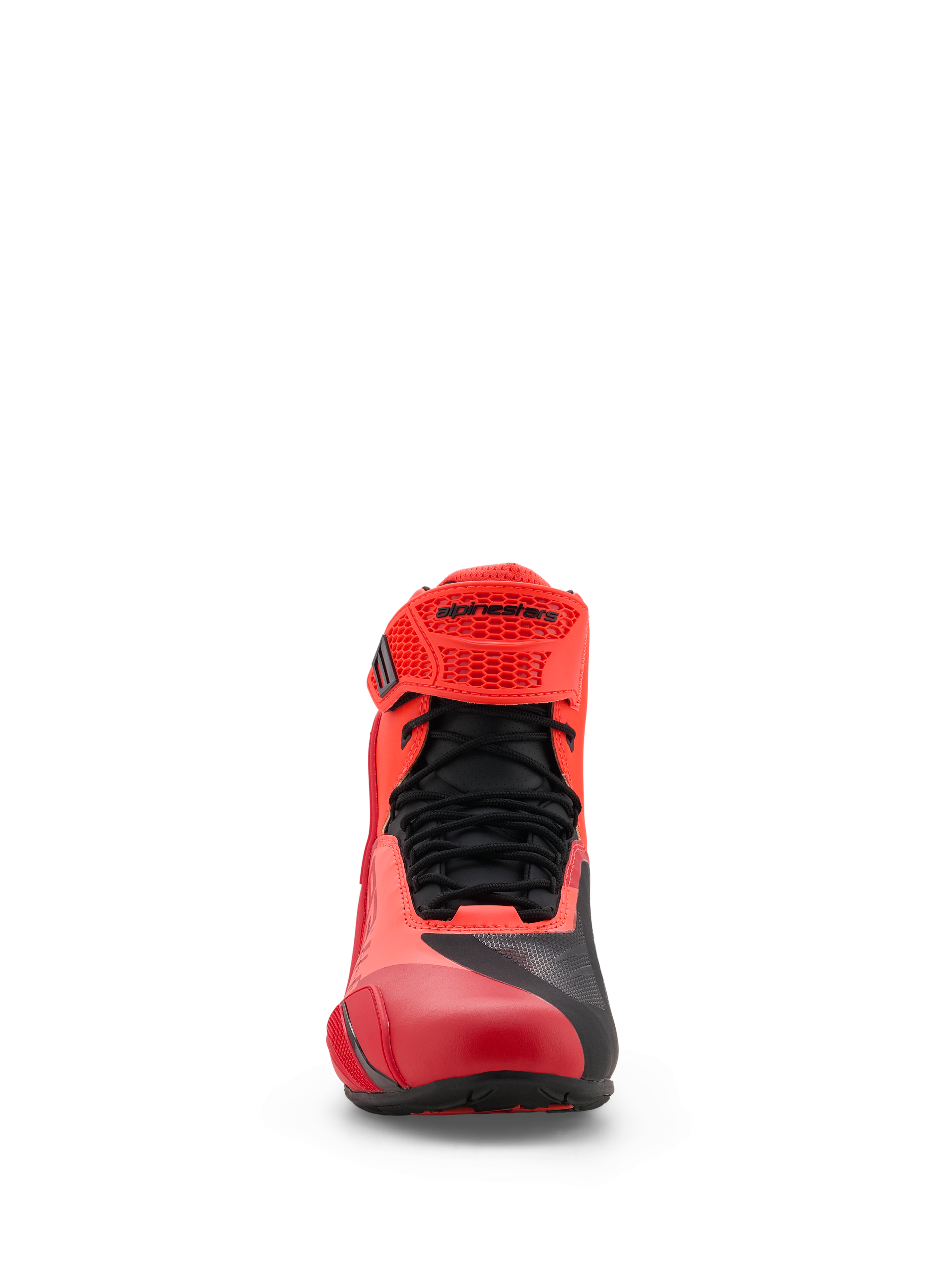 Alpinestars MM93 Faster-4 Shoes, Motorcycle Riding Shoes, Red Fluo and Bright Red with Black accents, front-facing view featuring black laces, a red adjustable TPR strap with Alpinestars branding, and lightweight microfiber construction.