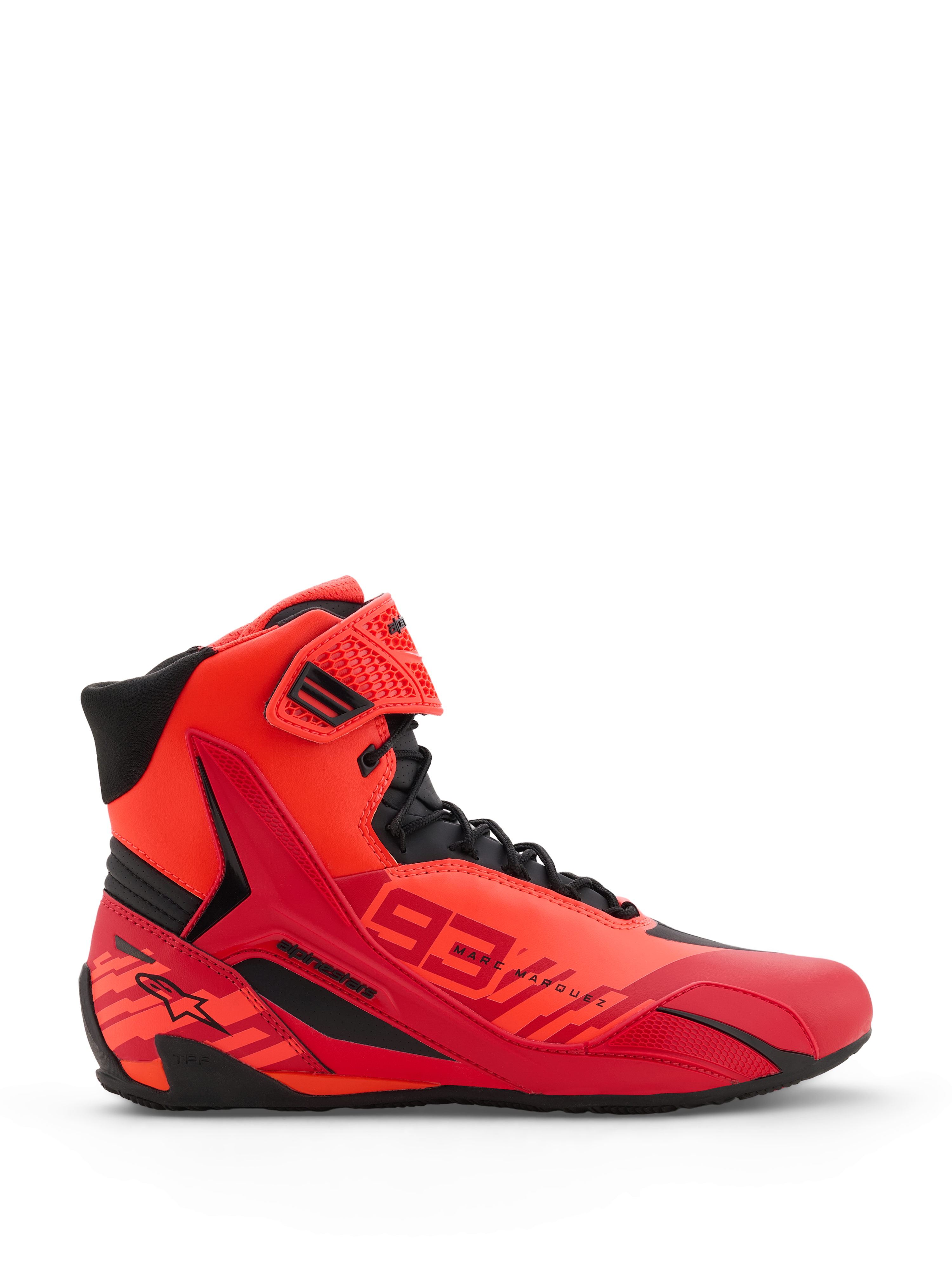 Alpinestars MM93 Faster-4 Shoes, Motorcycle Riding Shoes, Red Fluo Bright Red and Black, side profile view, featuring bold 93 Marc Marquez branding, lace-up closure with a hook-and-loop ankle strap, and protective TPR details.