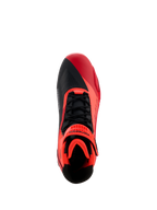 Alpinestars MM93 Faster-4 Shoes, Motorcycle Riding Shoes, Red Fluo Bright Red and Black, top-down view featuring black laces and red hook-and-loop strap, asymmetric toe design, and padded interior for sport riding.
