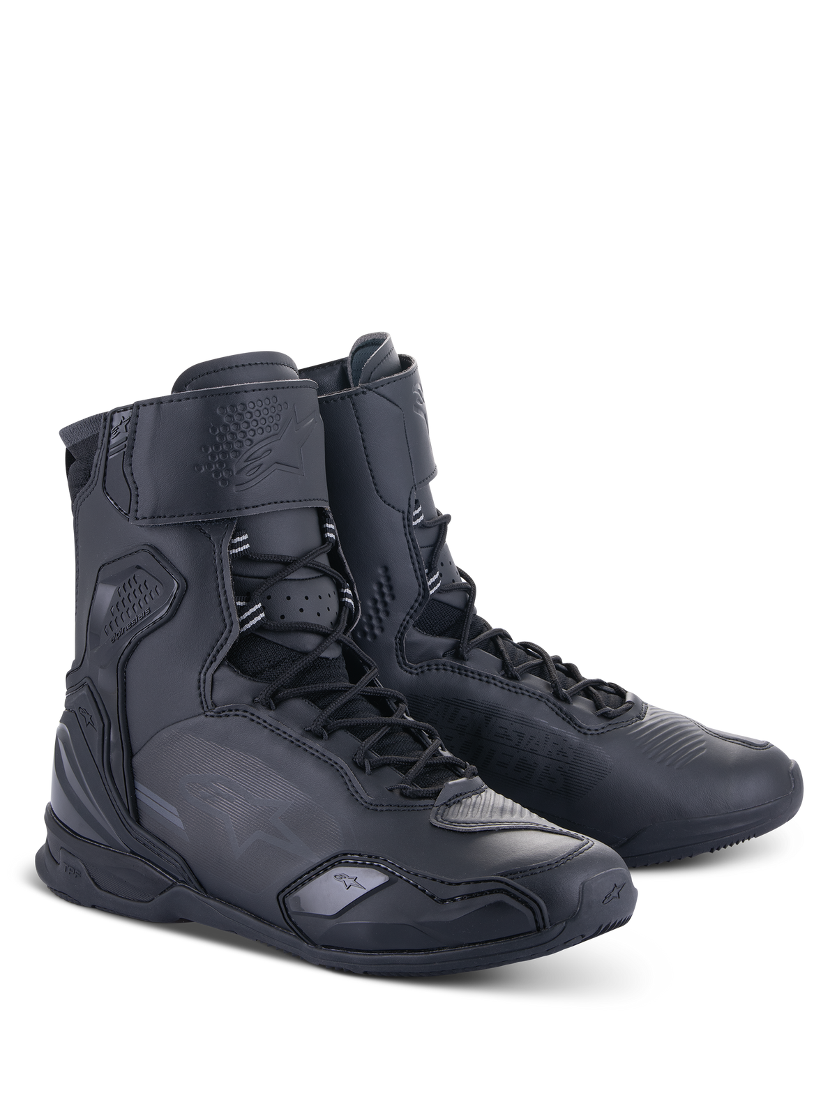 Alpinestars Superfaster Schuhe, schwarze hohe Motorradschuhe mit Schnellschnürsystem, verstärktem Knöchel- und Fersenschutz, elegante Mikrofaser-Konstruktion für Straßenfahrten