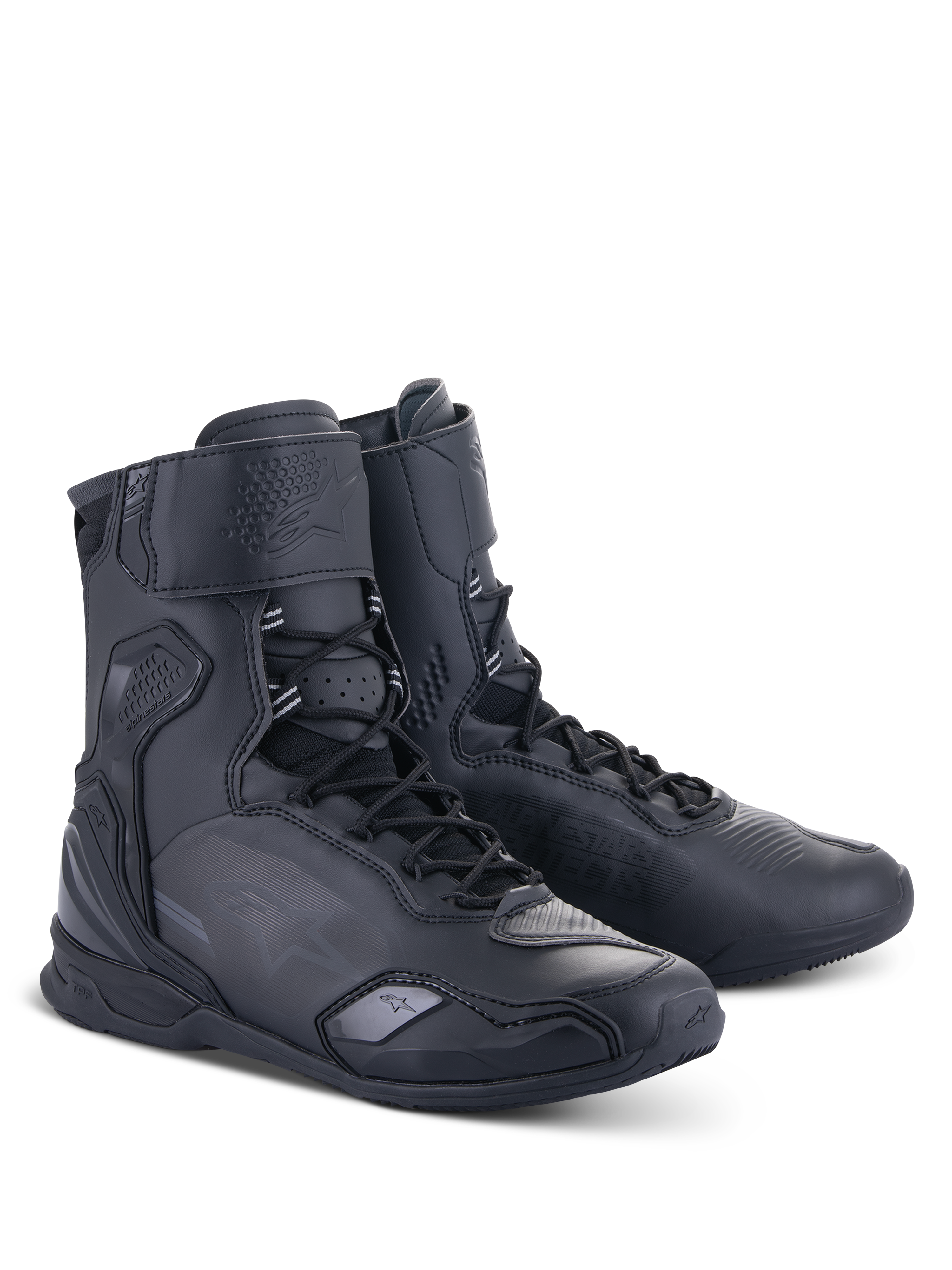 Alpinestars Superfaster Schuhe, schwarze hohe Motorradschuhe mit Schnellschnürsystem, verstärktem Knöchel- und Fersenschutz, elegante Mikrofaser-Konstruktion für Straßenfahrten
