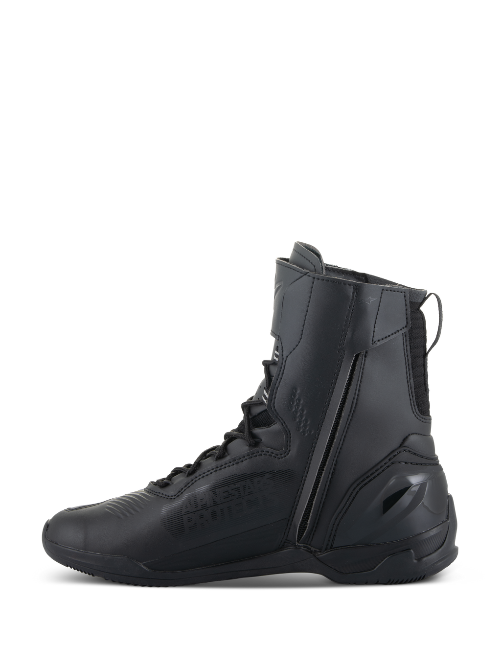 Alpinestars Superfaster Schuhe, Motorradschuhe, Schwarz Schwarz, mit einem hohen 25 cm Profil, einem langen medialen Reißverschluss und Schnellschnürsystem, elegantes, komplett schwarzes Mikrofaser-Design mit verstärkter Ferse.