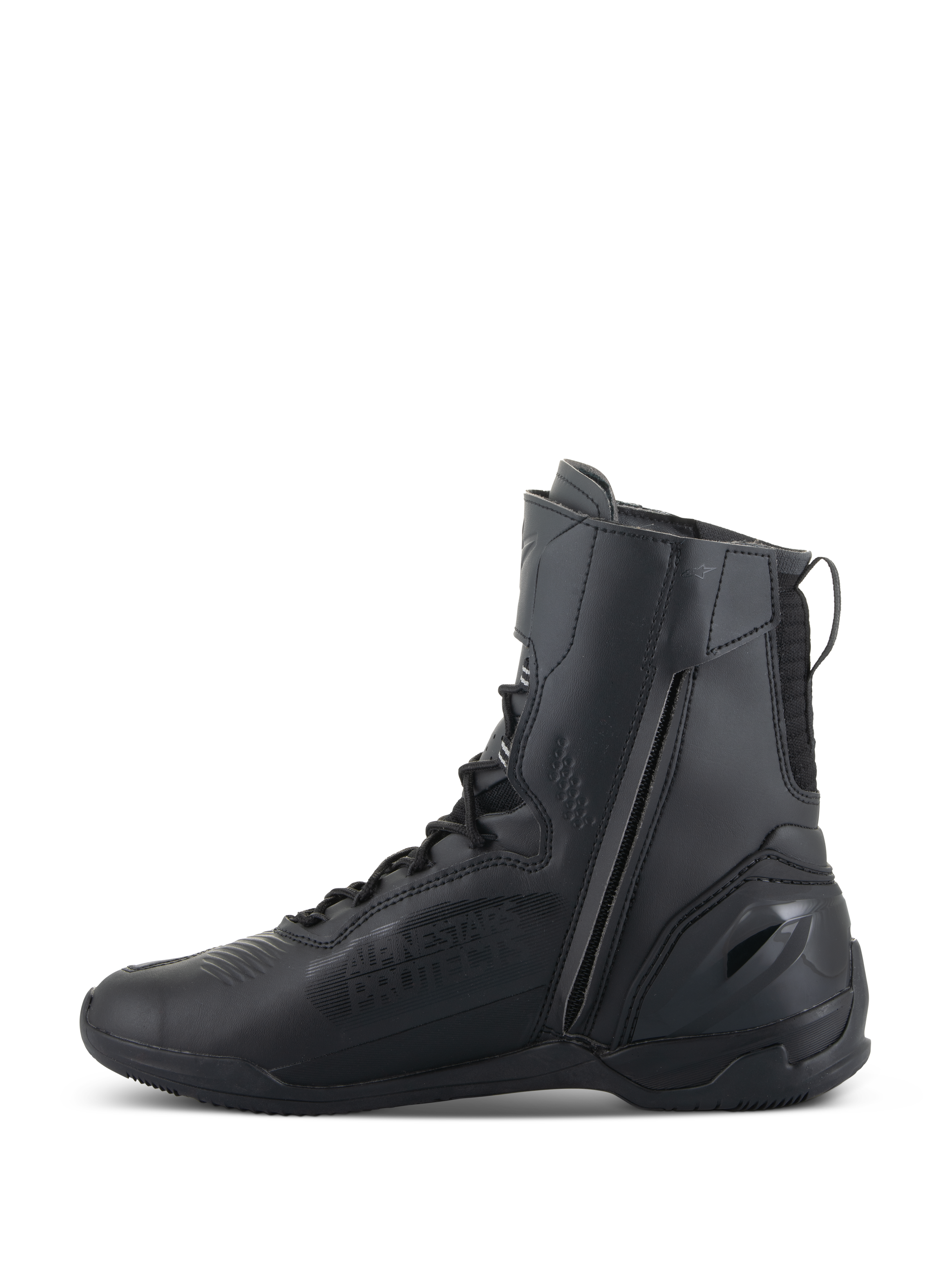 Alpinestars Superfaster Schuhe, Motorradschuhe, Schwarz Schwarz, mit einem hohen 25 cm Profil, einem langen medialen Reißverschluss und Schnellschnürsystem, elegantes, komplett schwarzes Mikrofaser-Design mit verstärkter Ferse.