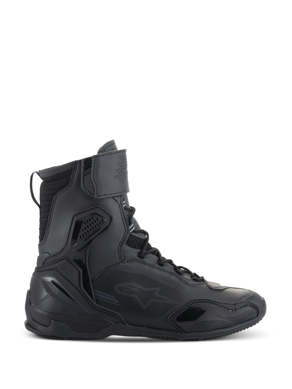 Alpinestars Superfaster Schuhe, Motorradschuhe, Schwarz, Seitenansicht von hohen technischen Schuhen mit integriertem Schutz, Schnellschnürsystem und Klettverschluss am Knöchel