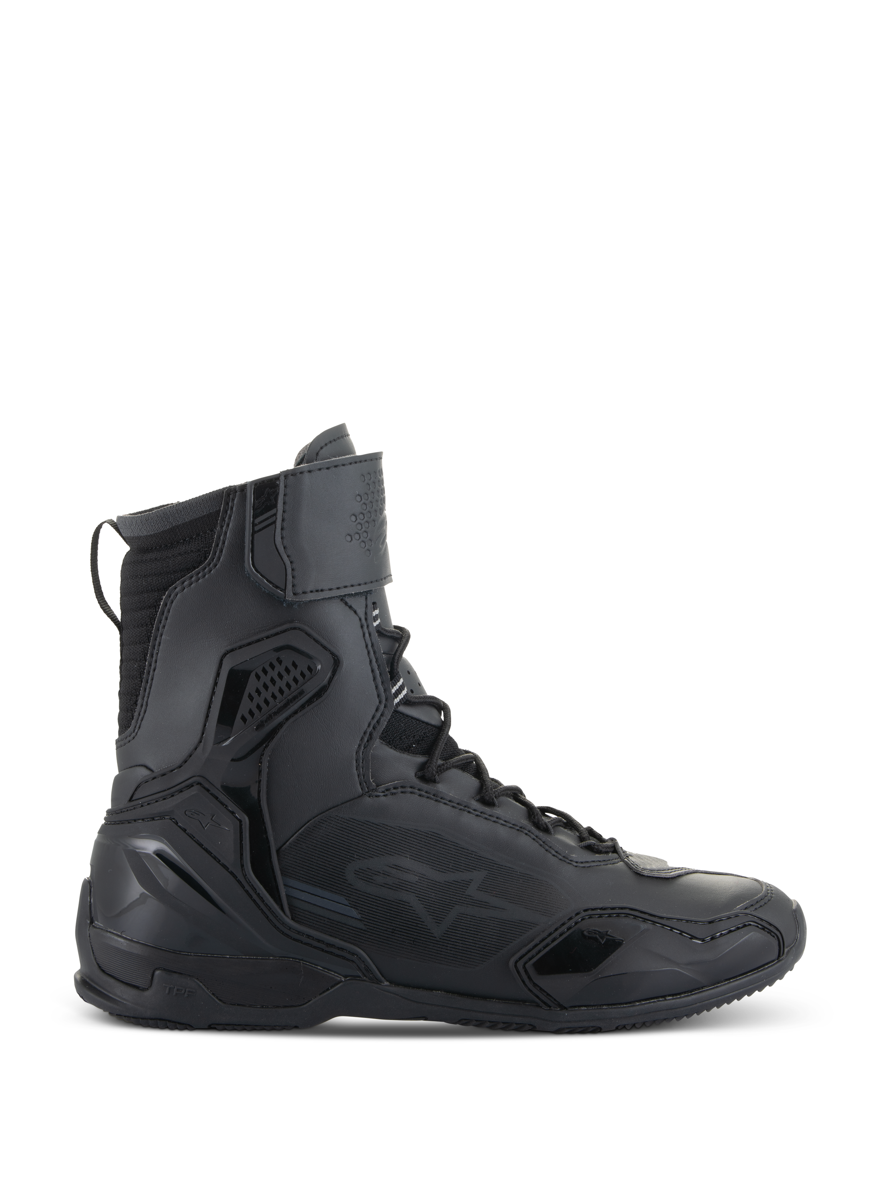 Alpinestars Superfaster Schuhe, Motorradschuhe, Schwarz, Seitenansicht von hohen technischen Schuhen mit integriertem Schutz, Schnellschnürsystem und Klettverschluss am Knöchel