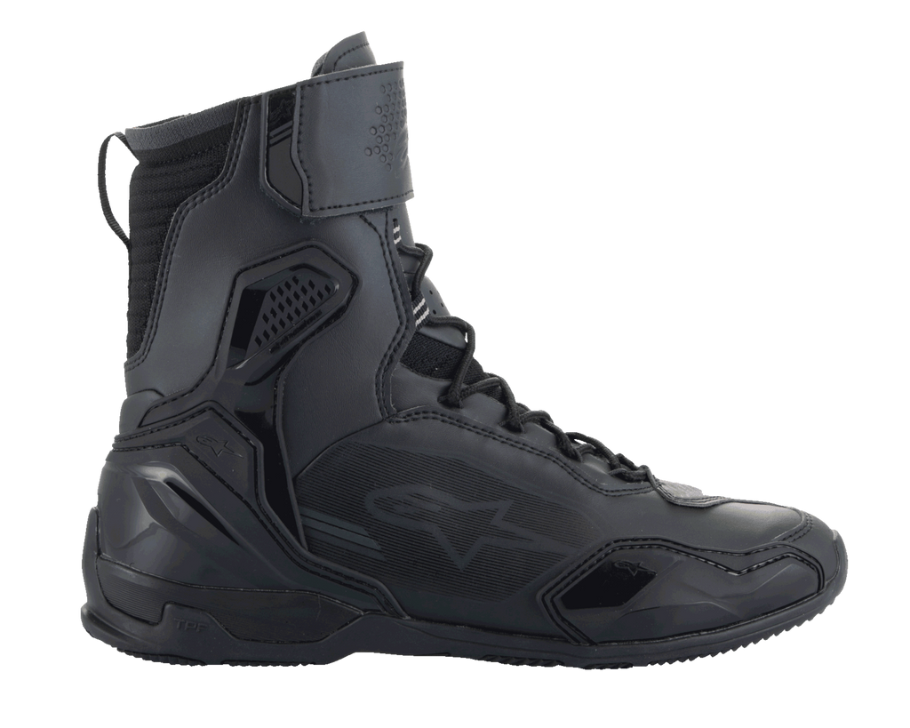 Alpinestars Superfaster Schuhe, Motorrad-Fahrschuhe, Schwarz, hohes High-Top-Profil mit Schnellschnürsystem und Knöchelriemen, mit Mikrofaser- und Rideknit-Paneelen, verstärkter TPU-Fersenkappe und Zehenschutz, schlankes sportliches Design für die Straße