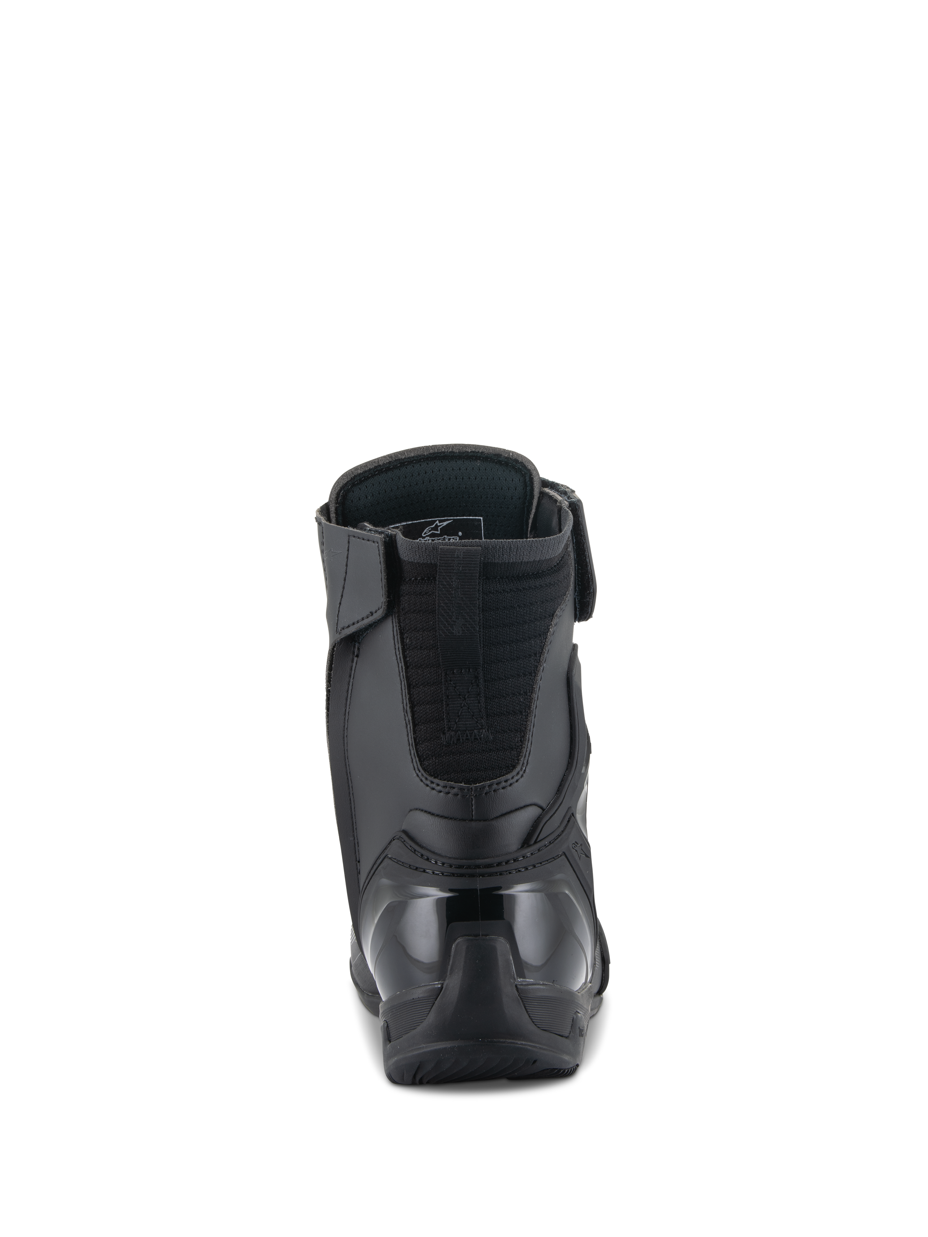 Alpinestars Superfaster Schuhe, Motorradschuhe, Schwarz, Rückansicht mit verstärkter TPU-Fersenkappe und gepolsterter Achilles-Verlängerung, elegantes High-Top-Design für Schutz beim sportlichen Fahren