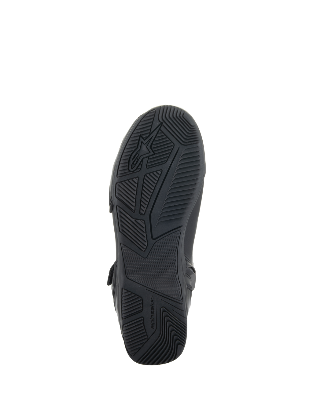 Alpinestars Superfaster Schuhe, Schwarz, Ansicht von unten mit Gummisohle, technisches Grip- und Profilmuster, Alpinestars-Logo und Branding, entwickelt für Stabilität beim Motorradfahren.