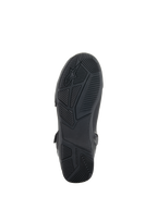 Alpinestars Superfaster Schuhe, Schwarz, Ansicht von unten mit Gummisohle, technisches Grip- und Profilmuster, Alpinestars-Logo und Branding, entwickelt für Stabilität beim Motorradfahren.