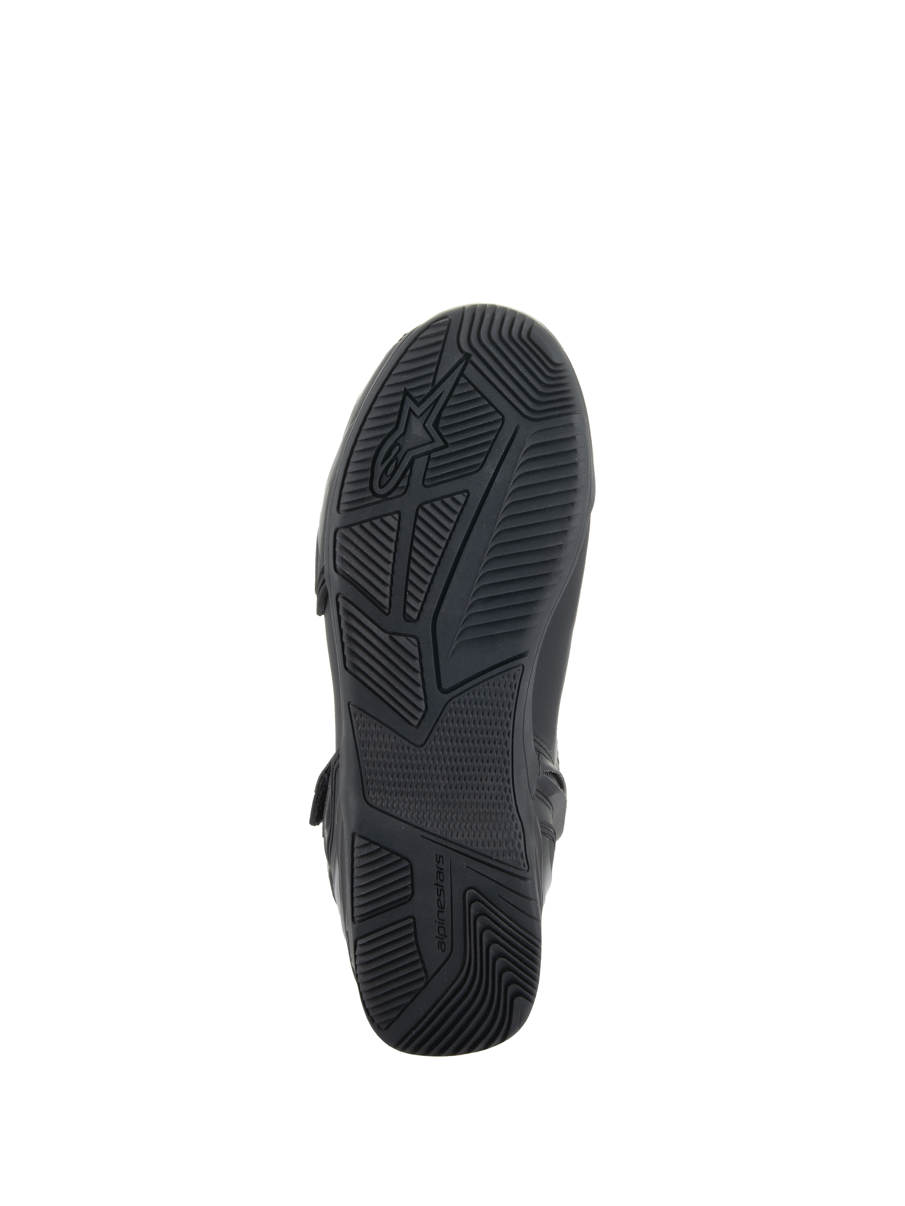 Alpinestars Superfaster Schuhe, Schwarz, Ansicht von unten mit Gummisohle, technisches Grip- und Profilmuster, Alpinestars-Logo und Branding, entwickelt für Stabilität beim Motorradfahren.