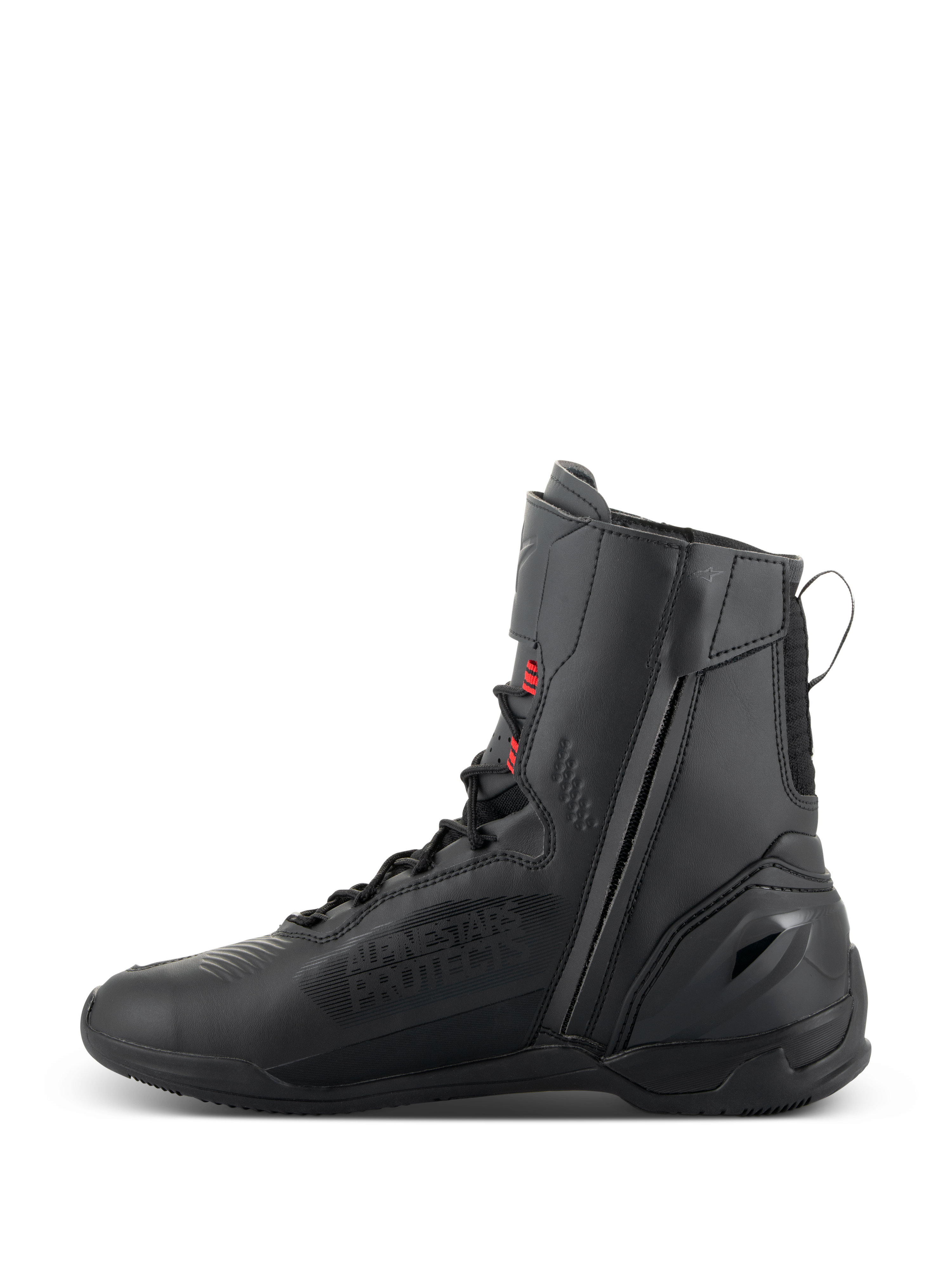 Alpinestars Superfaster Shoes, Motorcycle Riding Shoes, Black Gray and Bright Red, high-top profile with medial side zipper and speed laces, technical microfiber and Rideknit construction for performance road riding