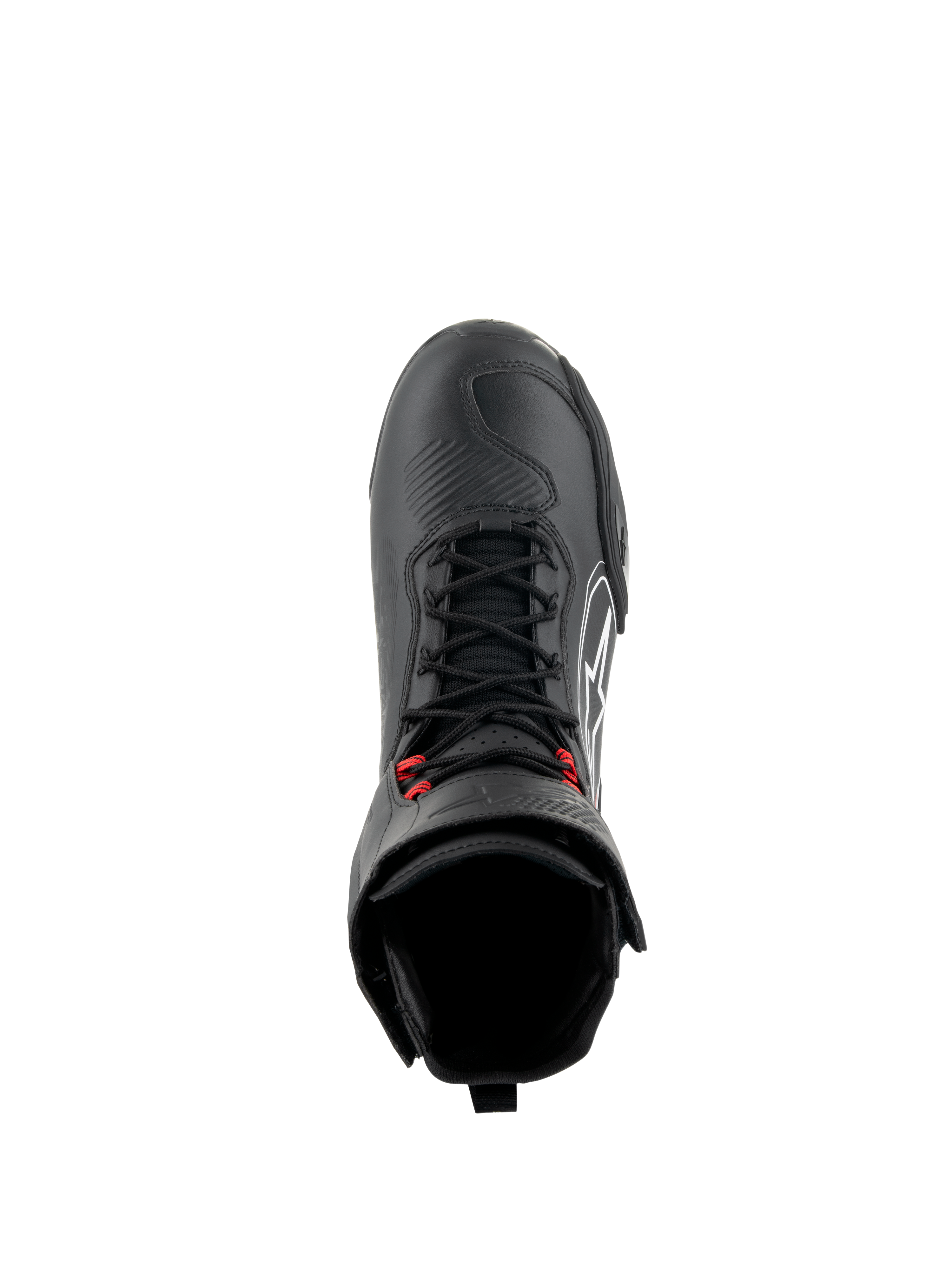 Alpinestars Superfaster Shoes, Black/Gray/Bright Red motorcycle riding shoes, top-down view showing black speed laces with red accents, reinforced toe box and tall ankle collar, technical footwear for road and sport riding