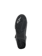 Alpinestars Superfaster Shoes, Bottom view of the sole, Black rubber outsole with engineered multi-directional grip patterns, featuring white Alpinestars logo and embossed branding, technical footwear design for motorcycle riding
