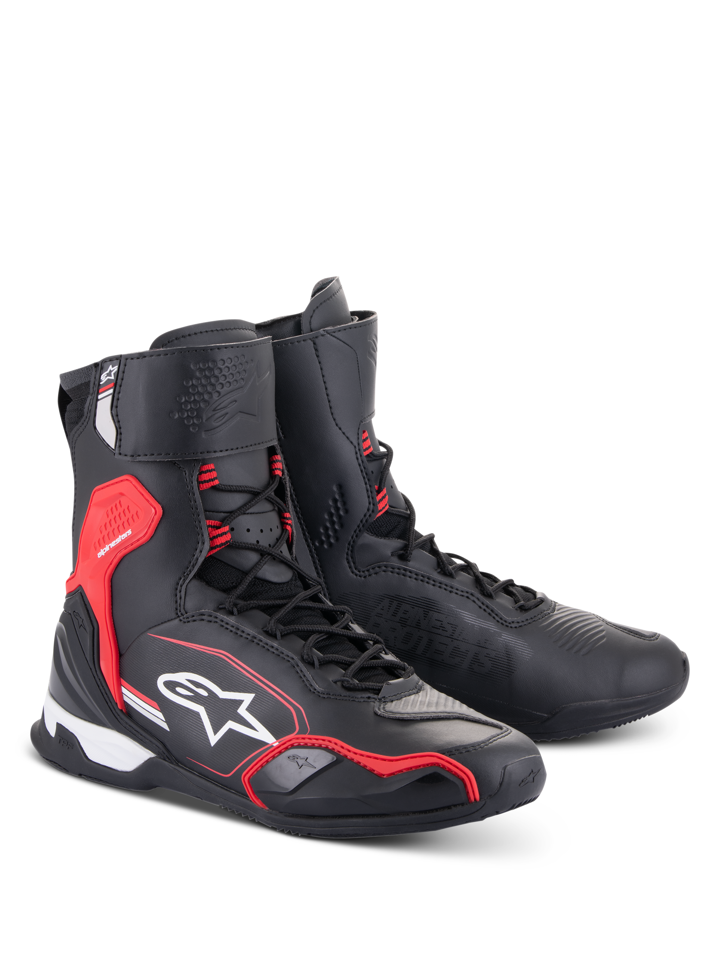 Alpinestars Superfaster Schuhe, Motorradschuhe, Schwarz, Hellrot und Weiß, High-Top-Design mit Schnellschnürsystem, verstärkter Knöchel- und Fersenschutz, mit Alpinestars-Branding und technischer Mikrofaser-Konstruktion