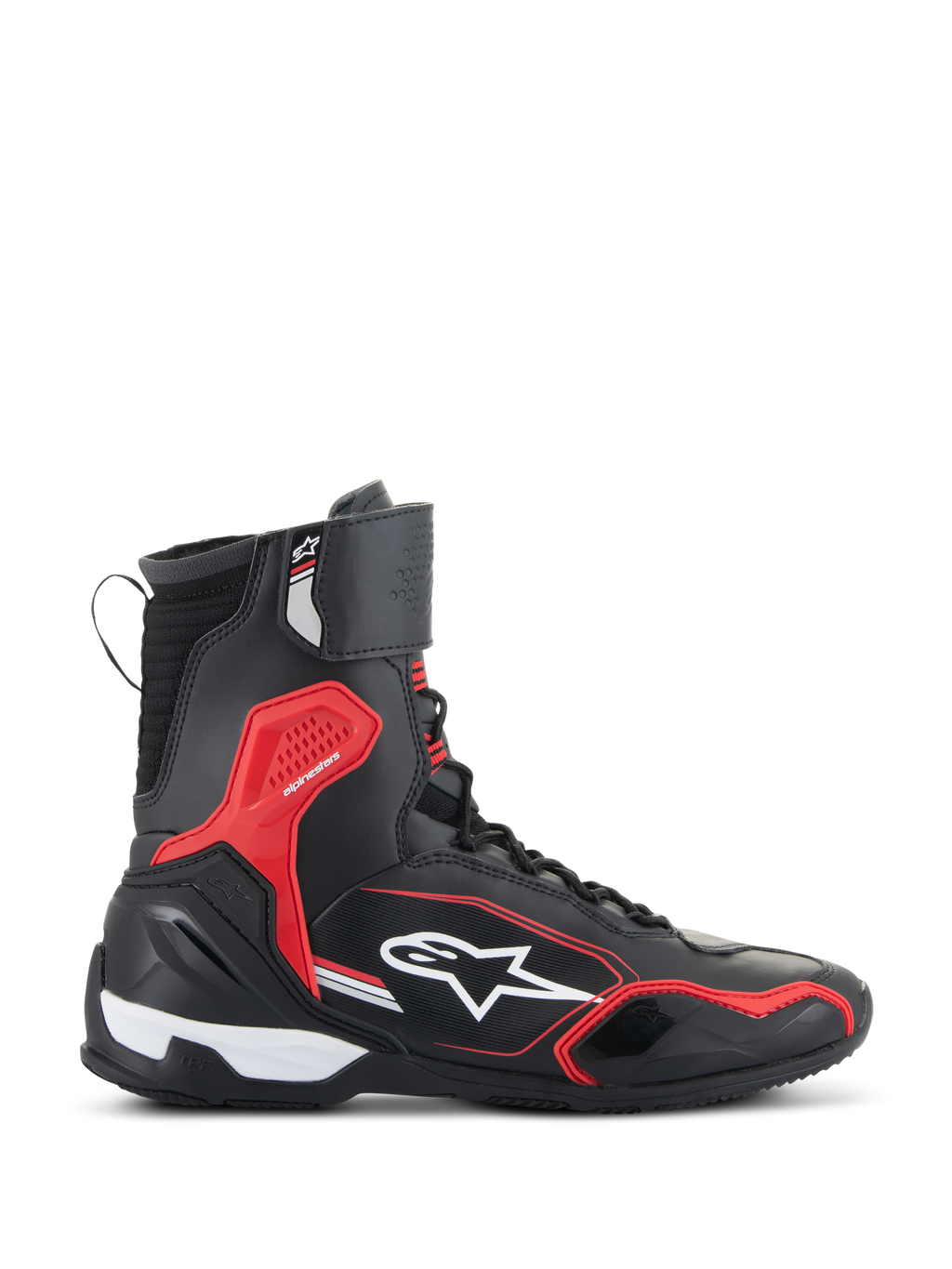 Alpinestars Superfaster Schuhe, Motorradschuhe, Schwarz, Leuchtend Rot und Weiß, Seitenansicht mit hohem Schaft, rotem TPU-Aufprallschutz und weißem Alpinestars-Logo, sportorientiertes schützendes Schuhwerk für die Straße