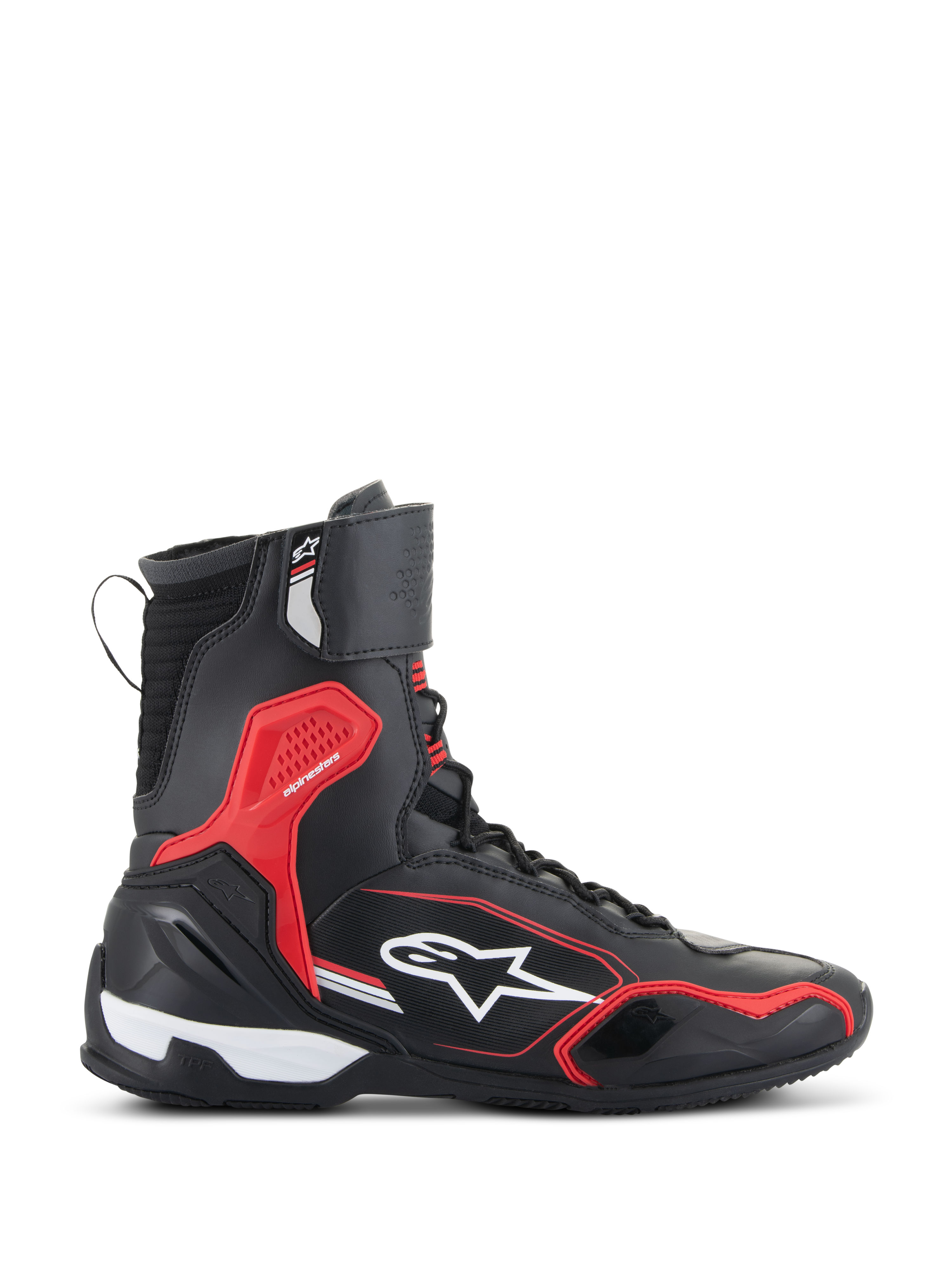 Alpinestars Superfaster Schuhe, Schwarz, leuchtendes Rot und Weiß, knöchelhoher Motorradschuh mit Mikrofaser- und Rideknit-Einsätzen, mit roten TPU-Schutzakzenten und weißem Stern-Logo an der Seite.