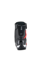 Alpinestars Superfaster Schuhe, Motorradschuhe, Schwarz, Leuchtend Rot und Weiß, Rückansicht mit verstärkter TPU-Fersenkappe und Achillessehnenschutz, technisches High-Top-Design.