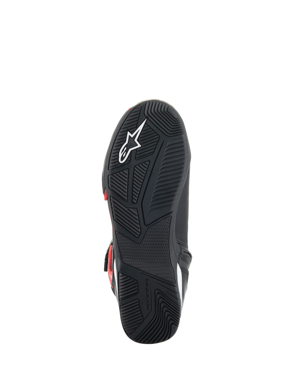 Alpinestars Superfaster Schuhe, Sohlenansicht, schwarze Gummiaußensohle mit technischem Grip-Muster, mit weißem Astars-Logo und eingeprägtem Alpinestars-Branding, entwickelt für Motorradfahren und Gehkomfort