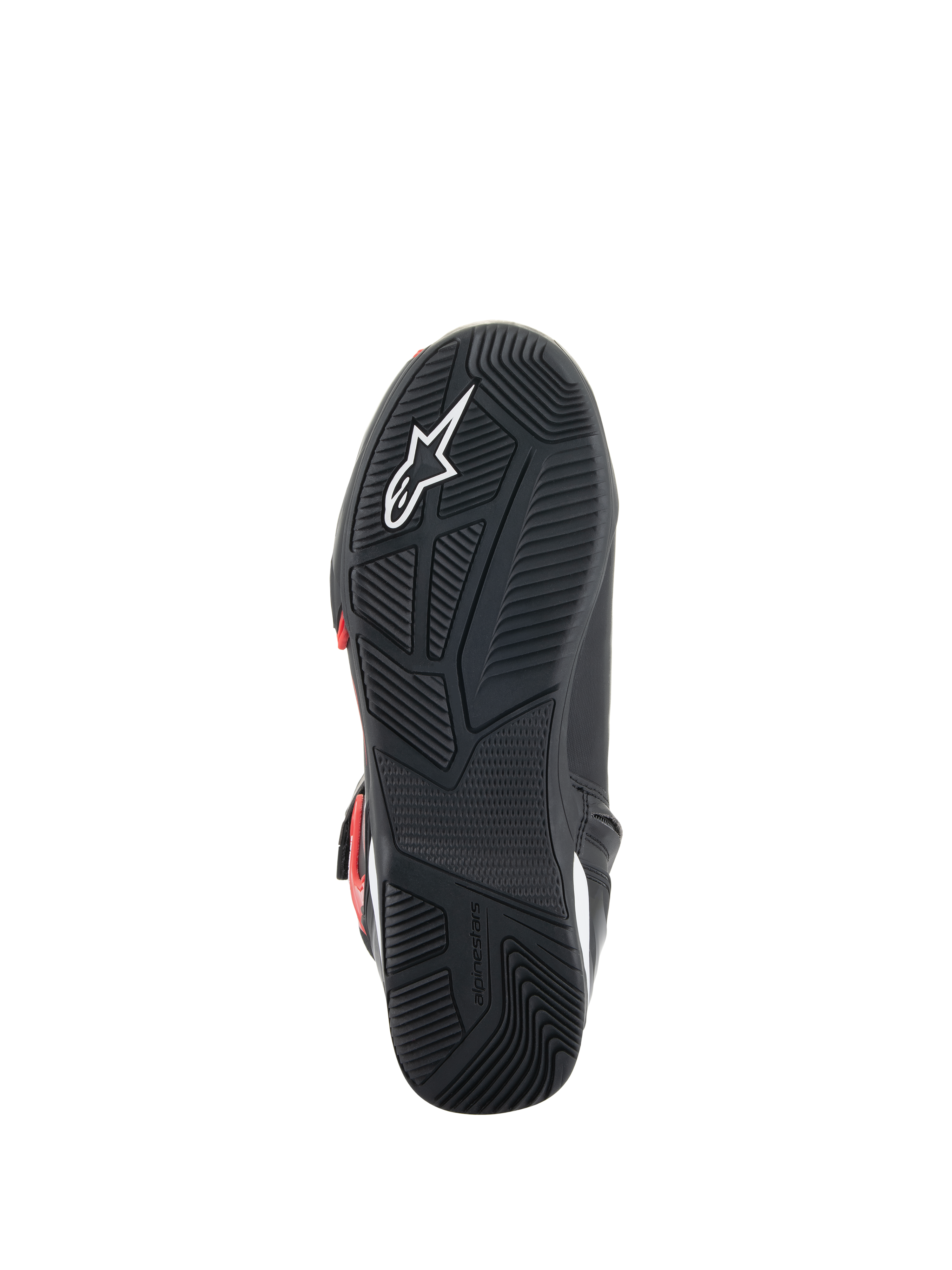 Alpinestars Superfaster Schuhe, Sohlenansicht, schwarze Gummiaußensohle mit technischem Grip-Muster, mit weißem Astars-Logo und eingeprägtem Alpinestars-Branding, entwickelt für Motorradfahren und Gehkomfort
