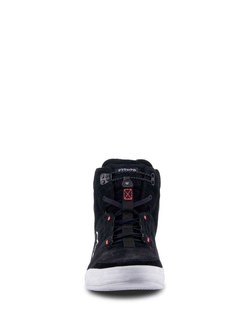 Alpinestars Chrome Schuhe, Schwarz Cool Gray Rot Fluo, Vorderansicht eines urbanen Motorradschuhs mit Spaltwildleder-Konstruktion, weißer Sohle und elastischem Verschluss mit roten Akzenten.