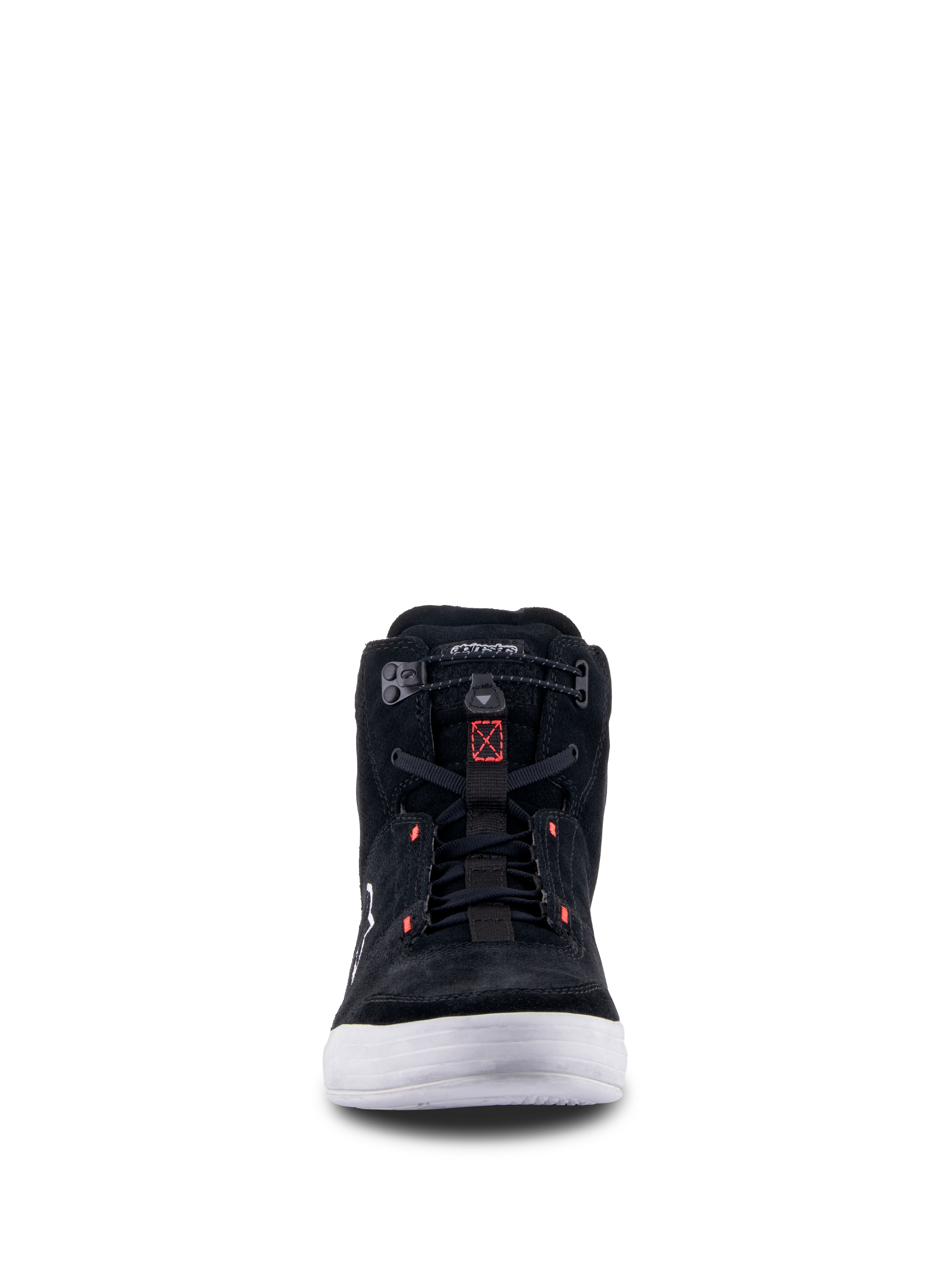 Alpinestars Chrome Schuhe, Schwarz Cool Gray Rot Fluo, Vorderansicht eines urbanen Motorradschuhs mit Spaltwildleder-Konstruktion, weißer Sohle und elastischem Verschluss mit roten Akzenten.